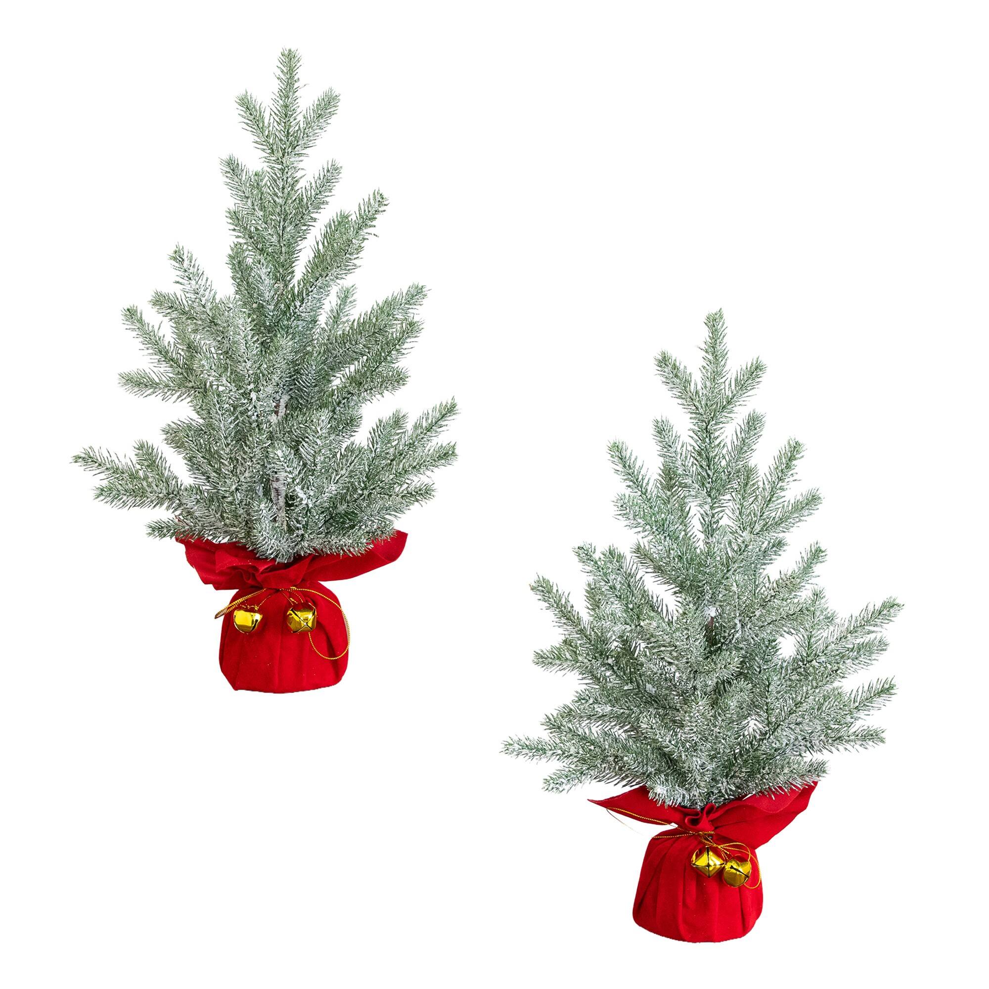 Nearly Natural 18" Unlit Artificial Flocked Christmas Tree with Wrapped Velvet Base & Gold Bells, 2ct.