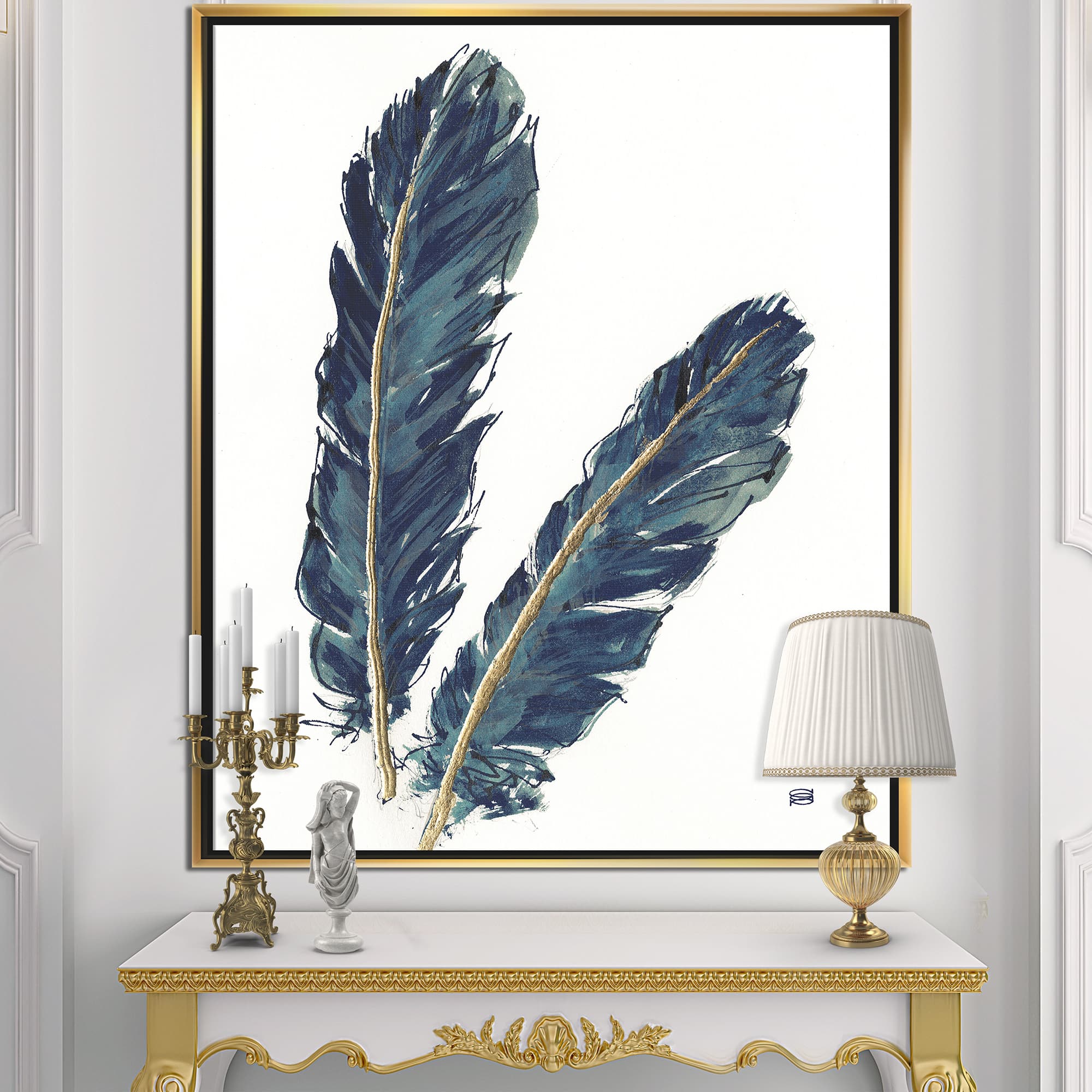 Designart - Gold Indigo Feathers IV - Modern Bohemian Canvas in Gold Frame