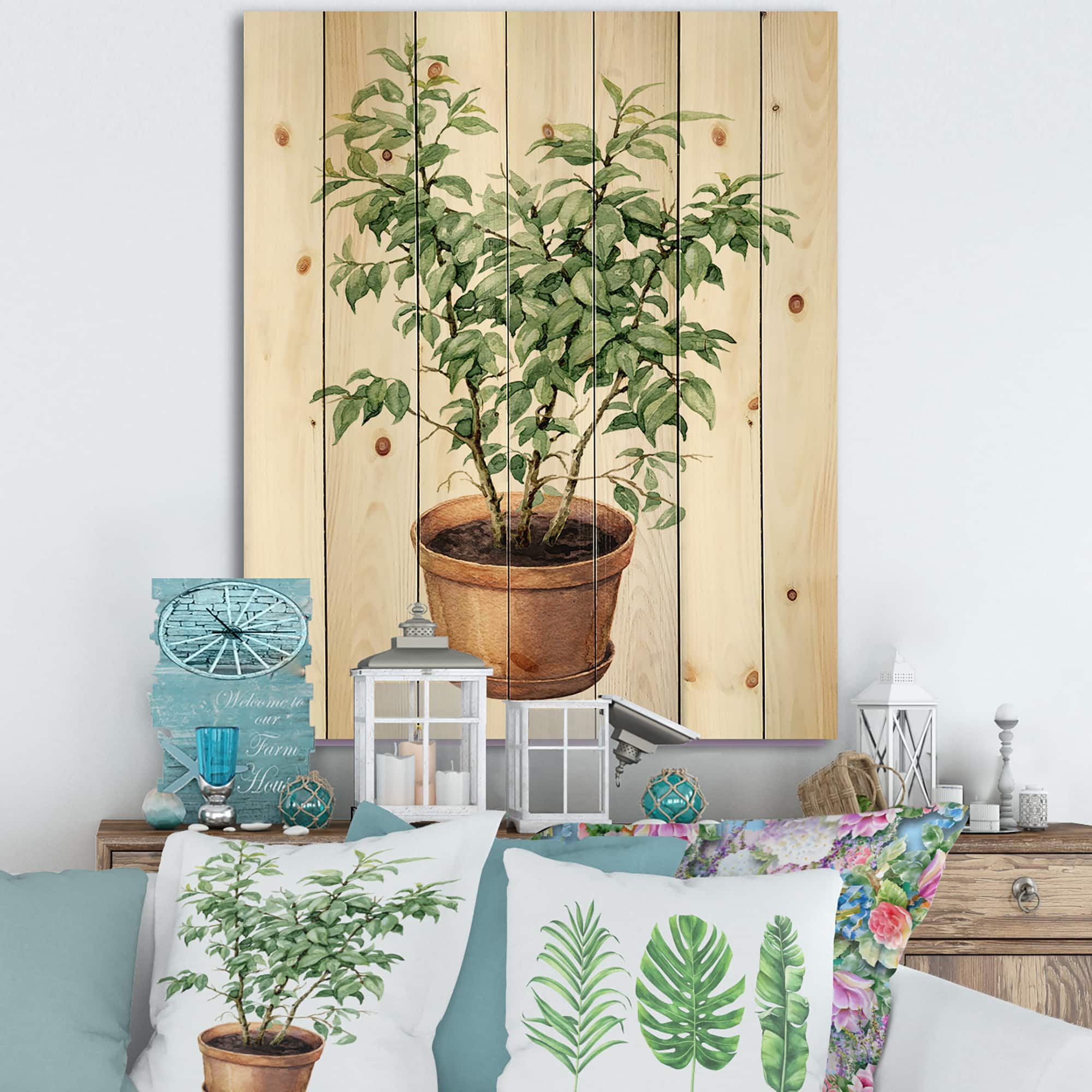 Designart - Ficus Benjamina In Clay Flowerpot - Traditional Print on Natural Pine Wood