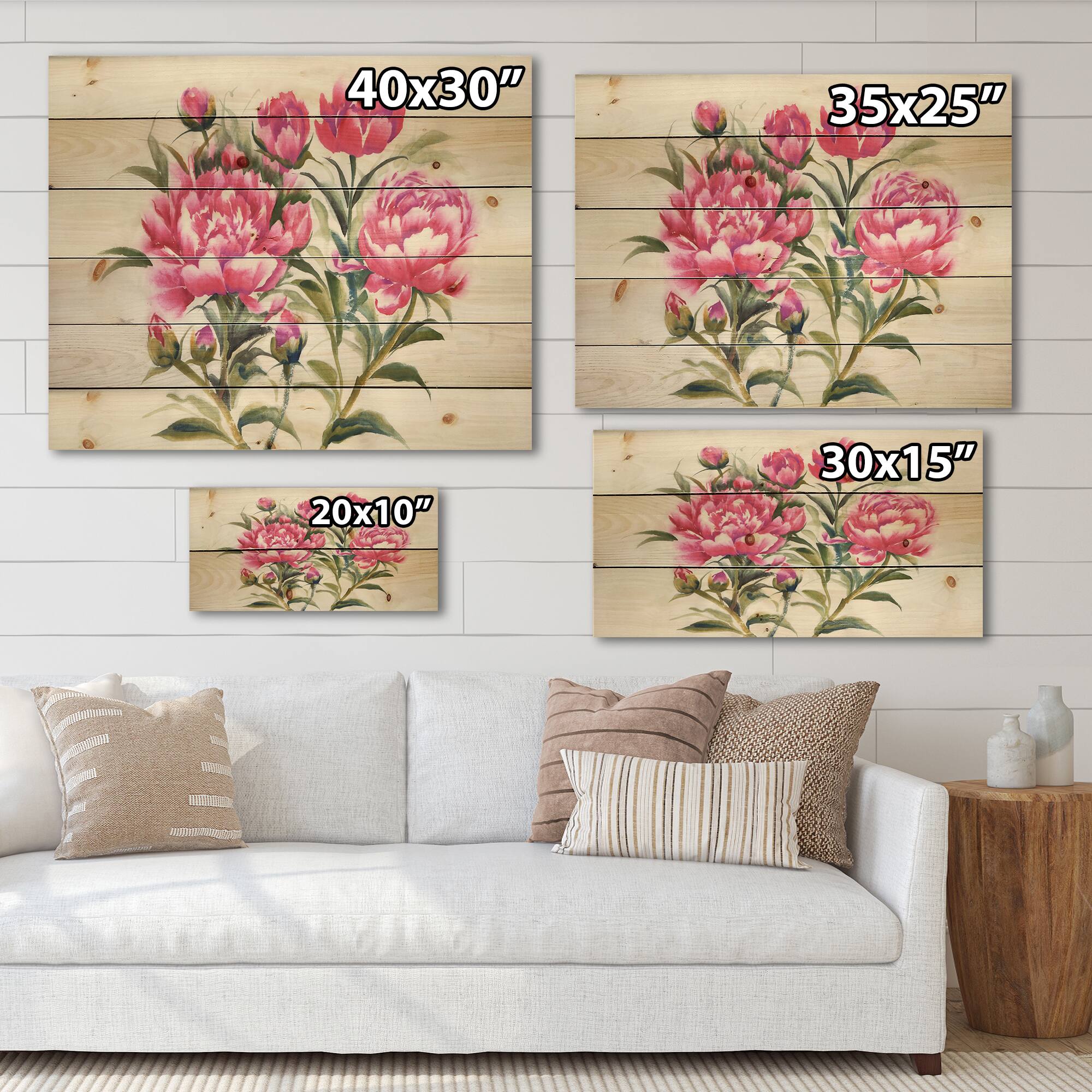 Designart - Purple Peonies Bush I - Traditional Print on Natural Pine Wood
