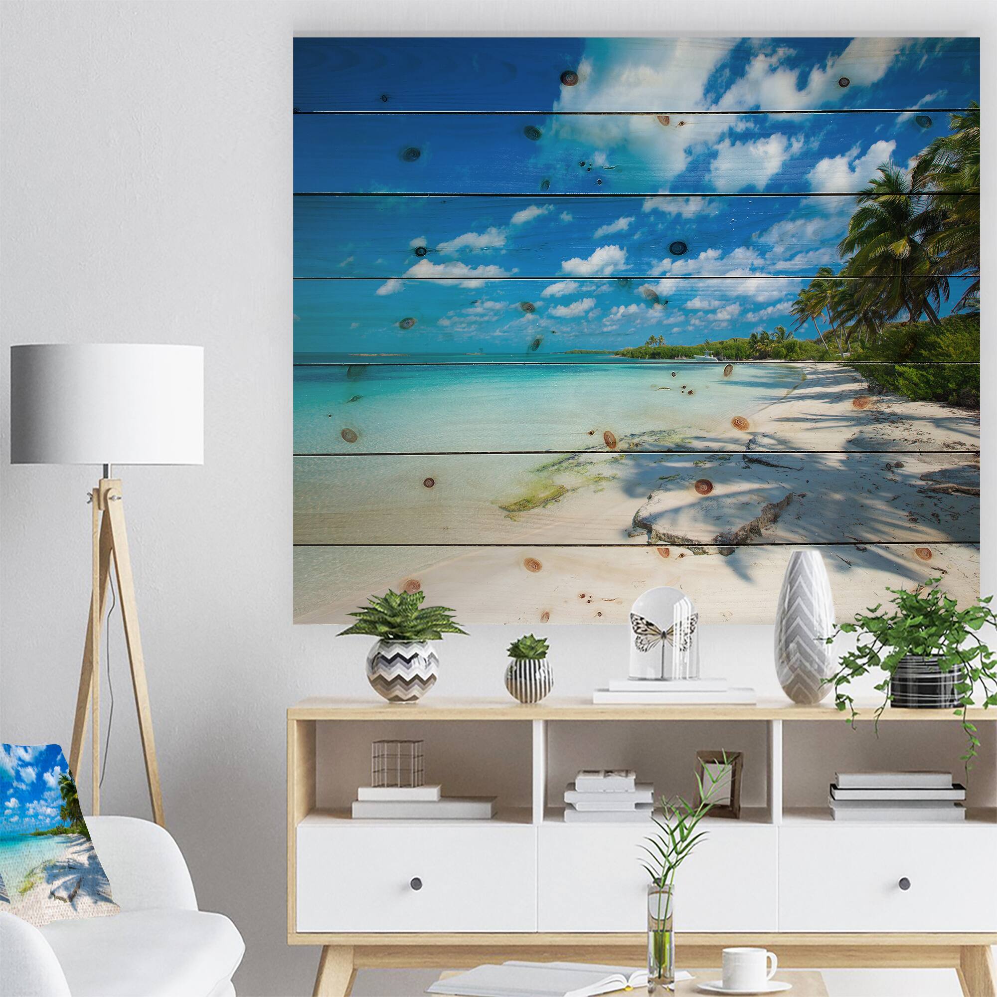 Designart - Tropical Beach with Palm Shadows - Seashore Print on Natural Pine Wood
