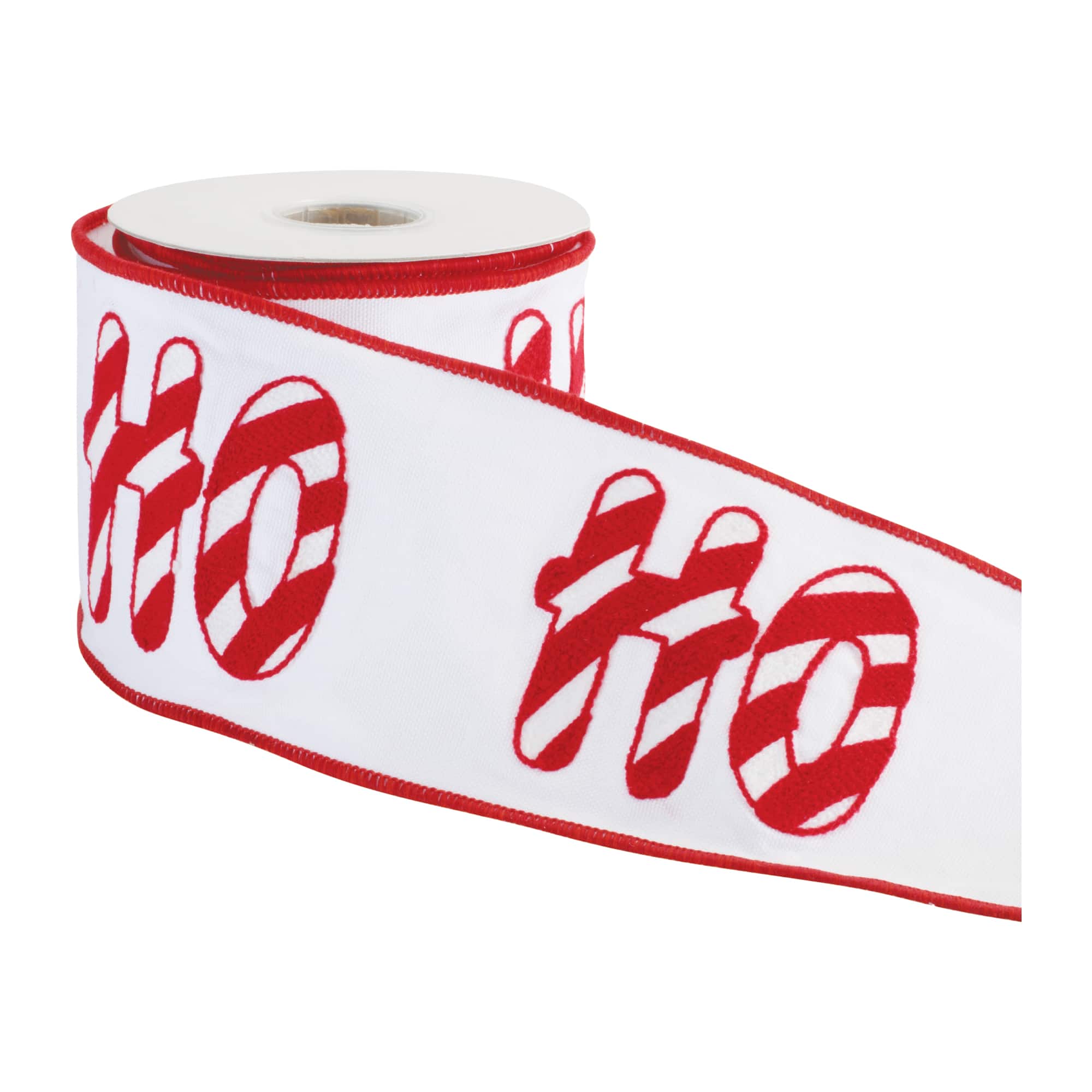 Melrose 4" x 5yd. Red & White HO HO HO Candy Cane Wired Cotton Ribbon