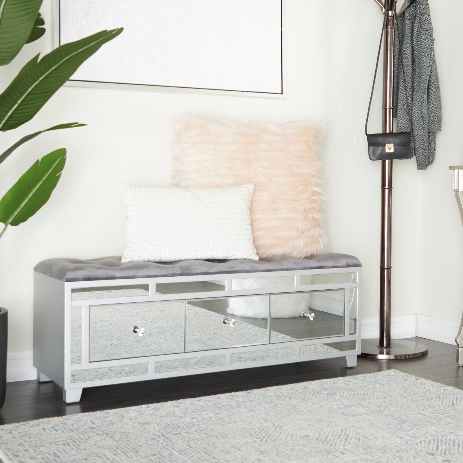 Grey Wood Glam Bench, 47" x 16" x 18"