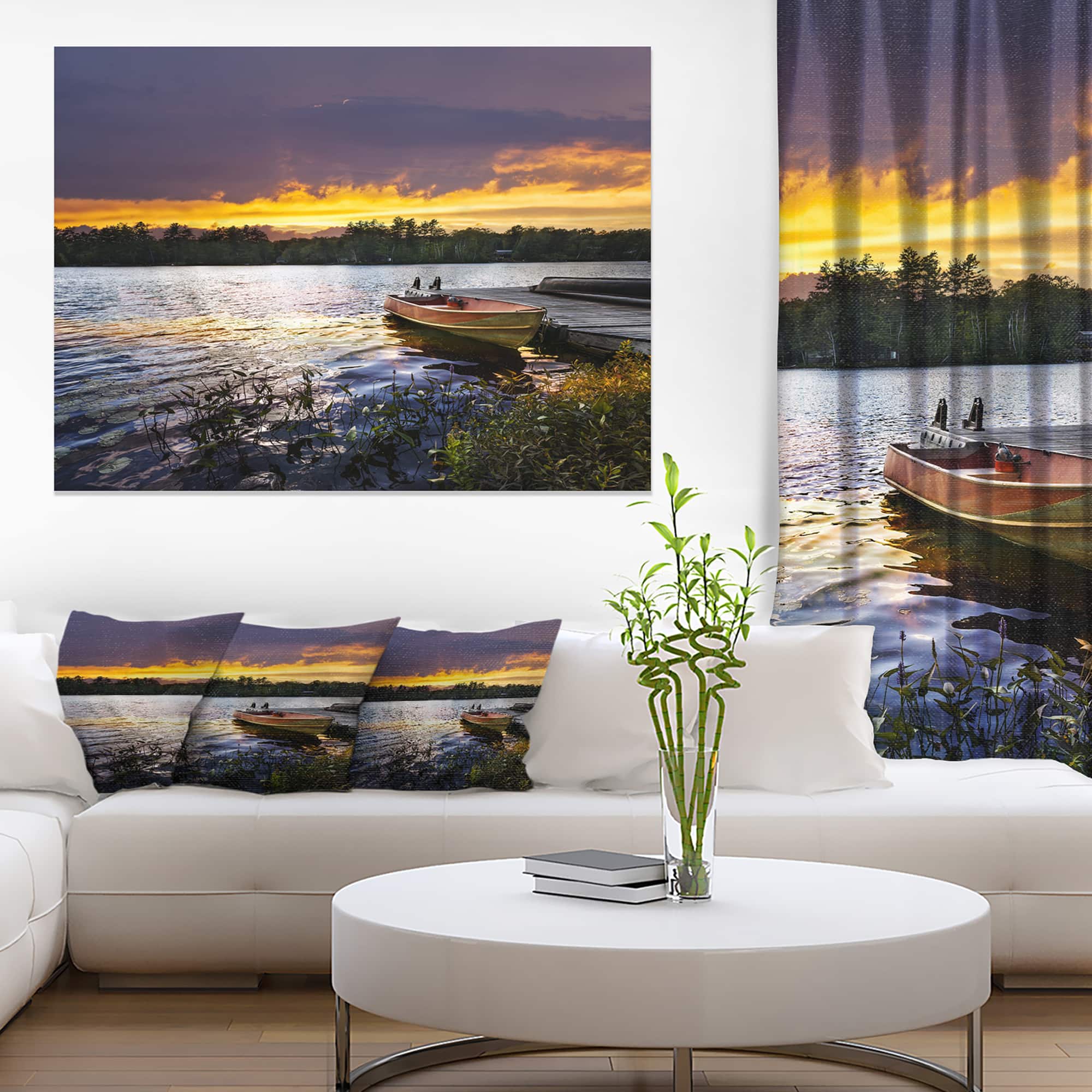 Designart - Boat Docked in Lake at Sunset - Modern Seashore Canvas Art