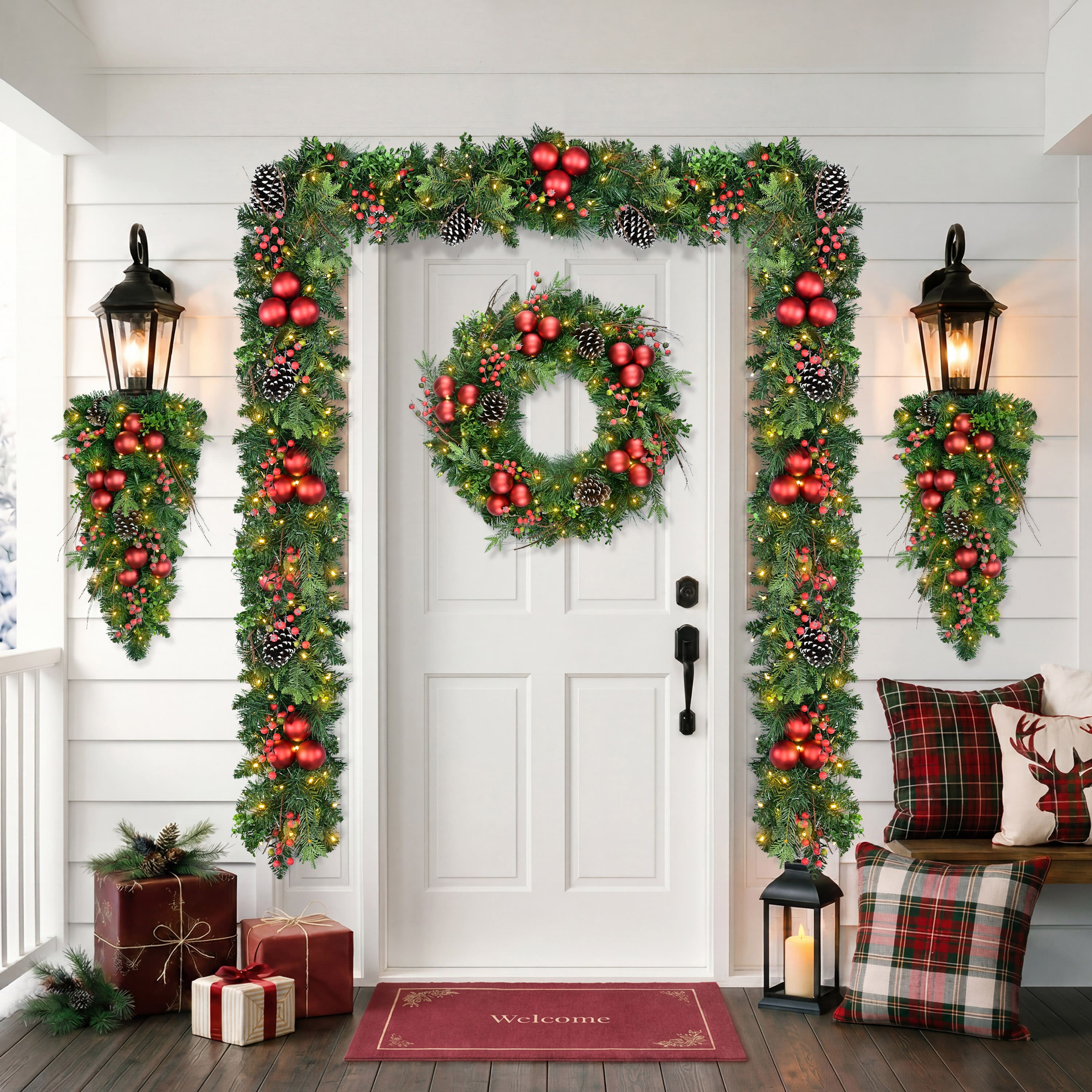 Puleo International 26" Pre-Lit Green Pine with Pinecones, Ornaments & Berries Artificial Christmas Wreath