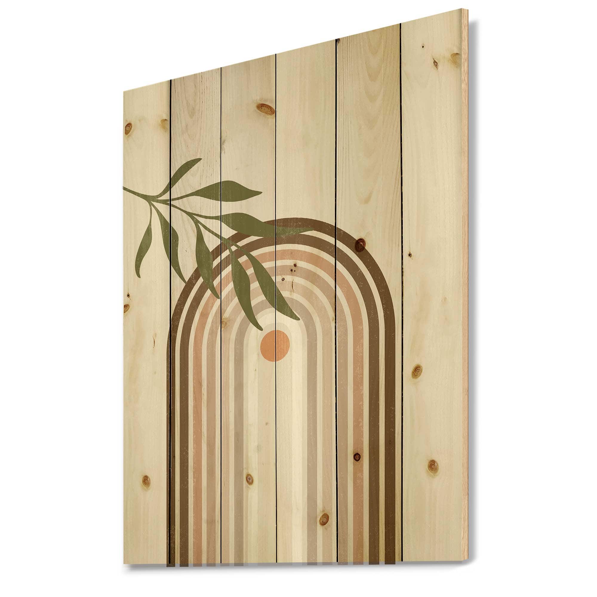 Designart - Abstract Sun and Moon With Green Leaf I - Modern Print on Natural Pine Wood
