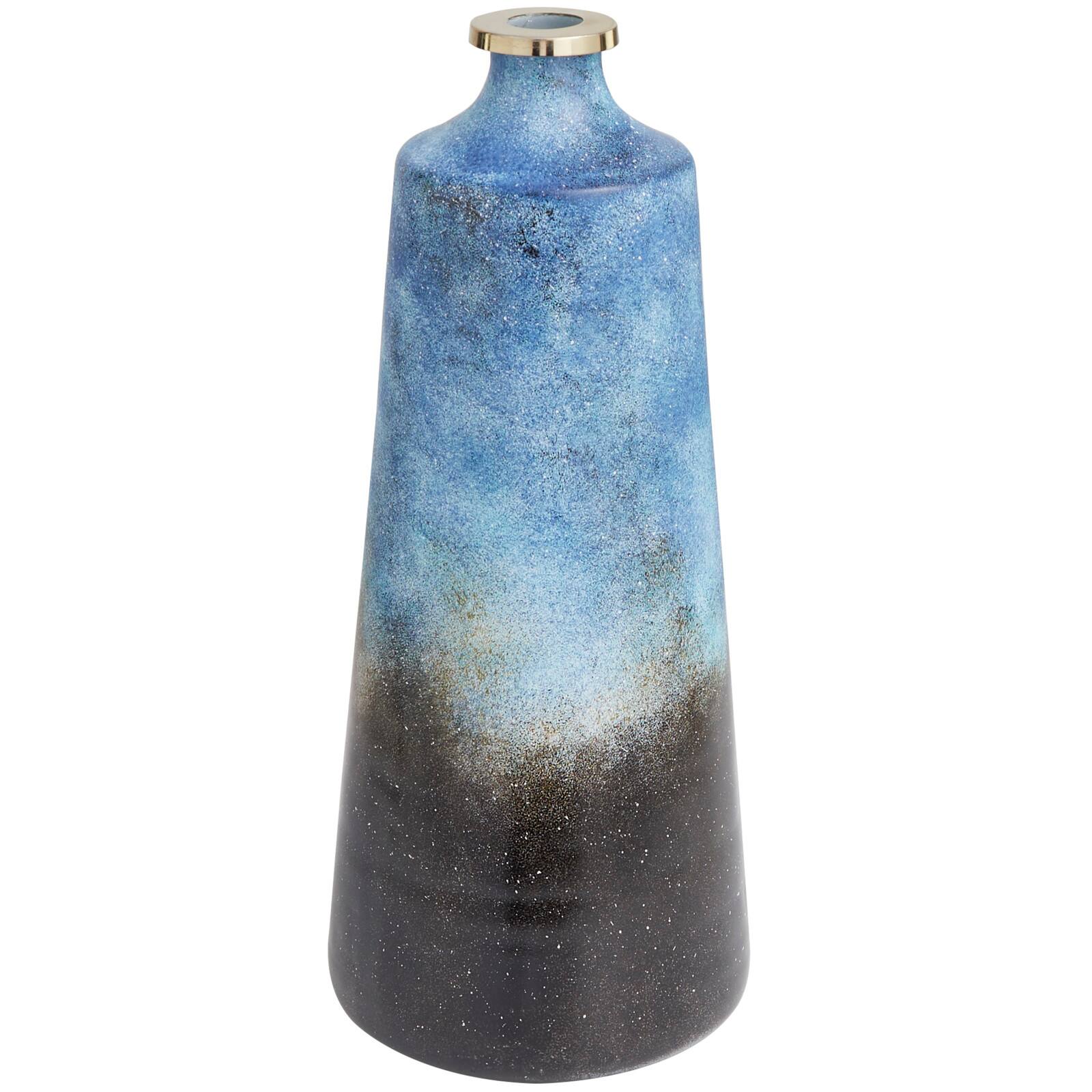20" Blue Glass Galaxy Inspired Abstract Vase with Gold Top