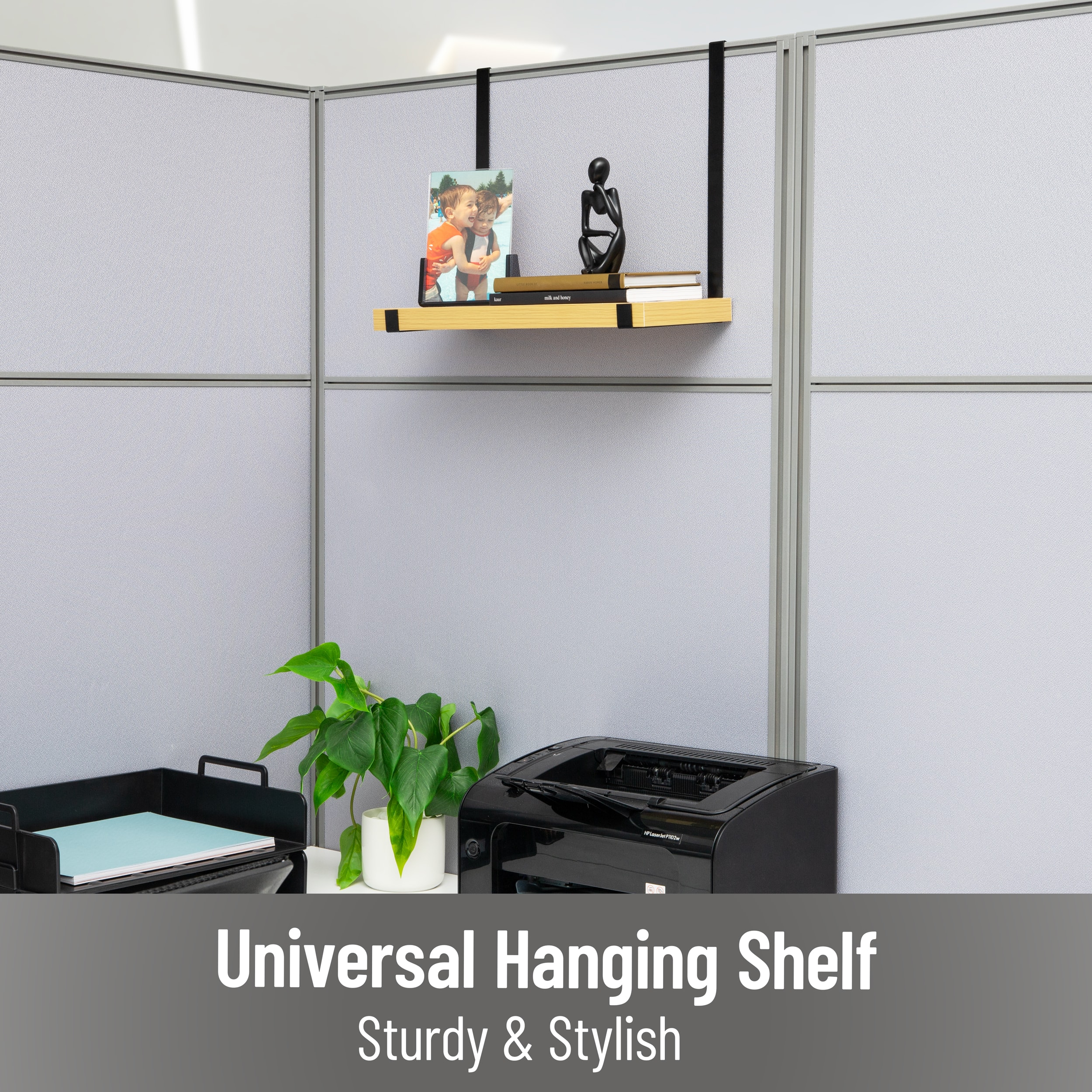 Mind Reader Hanging Cubicle Shelf Organizer, Cubicle Shelf for Office Supplies, Plants, and Decor, Easy to Install, MDF and Metal, Brown