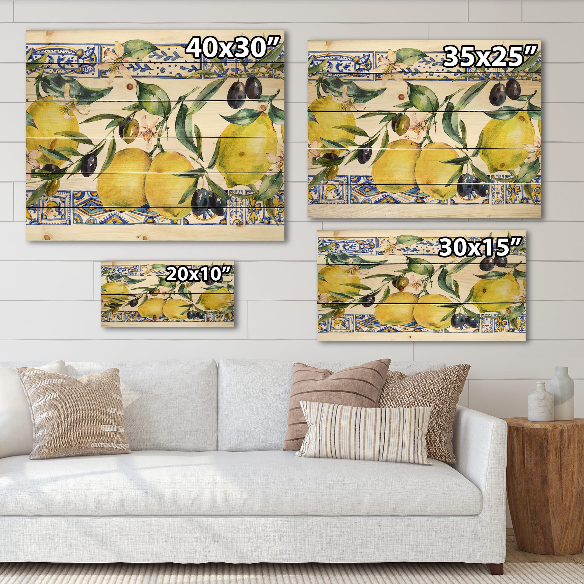 Designart - Lemon Ornament On Blue Geometrical Pattern II - Tropical Print on Natural Pine Wood