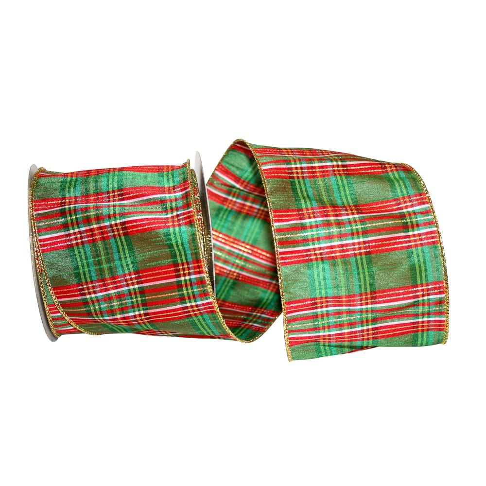 JAM Paper 4" x 10yd. Primary Metallic Wired Plaid Dupioni Ribbon