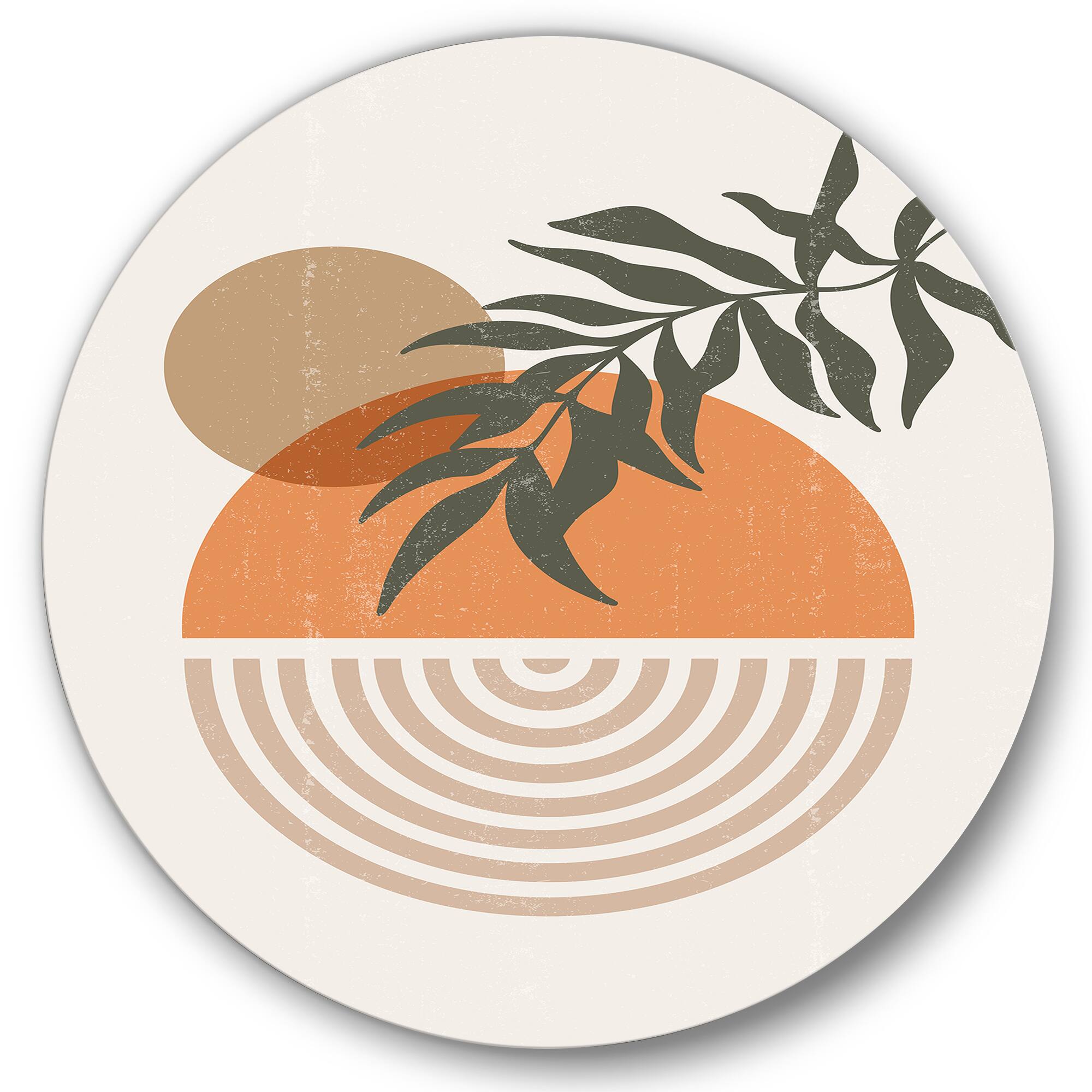 Designart - Abstract Geometrical Sun and Moon With Leaf I - Modern Metal Circle Wall Art