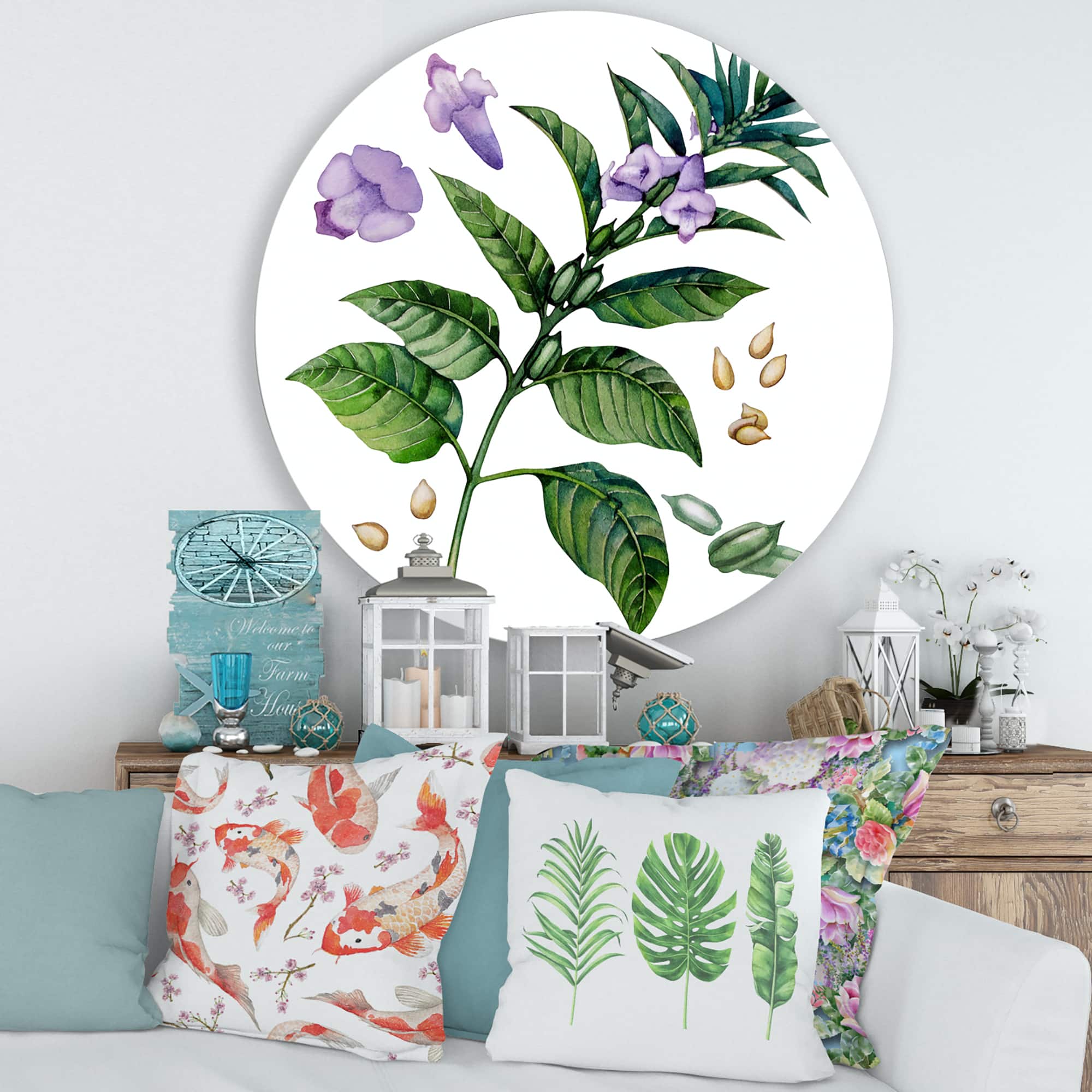 Designart - Purple Sesame Flowers WIth Green Leaves