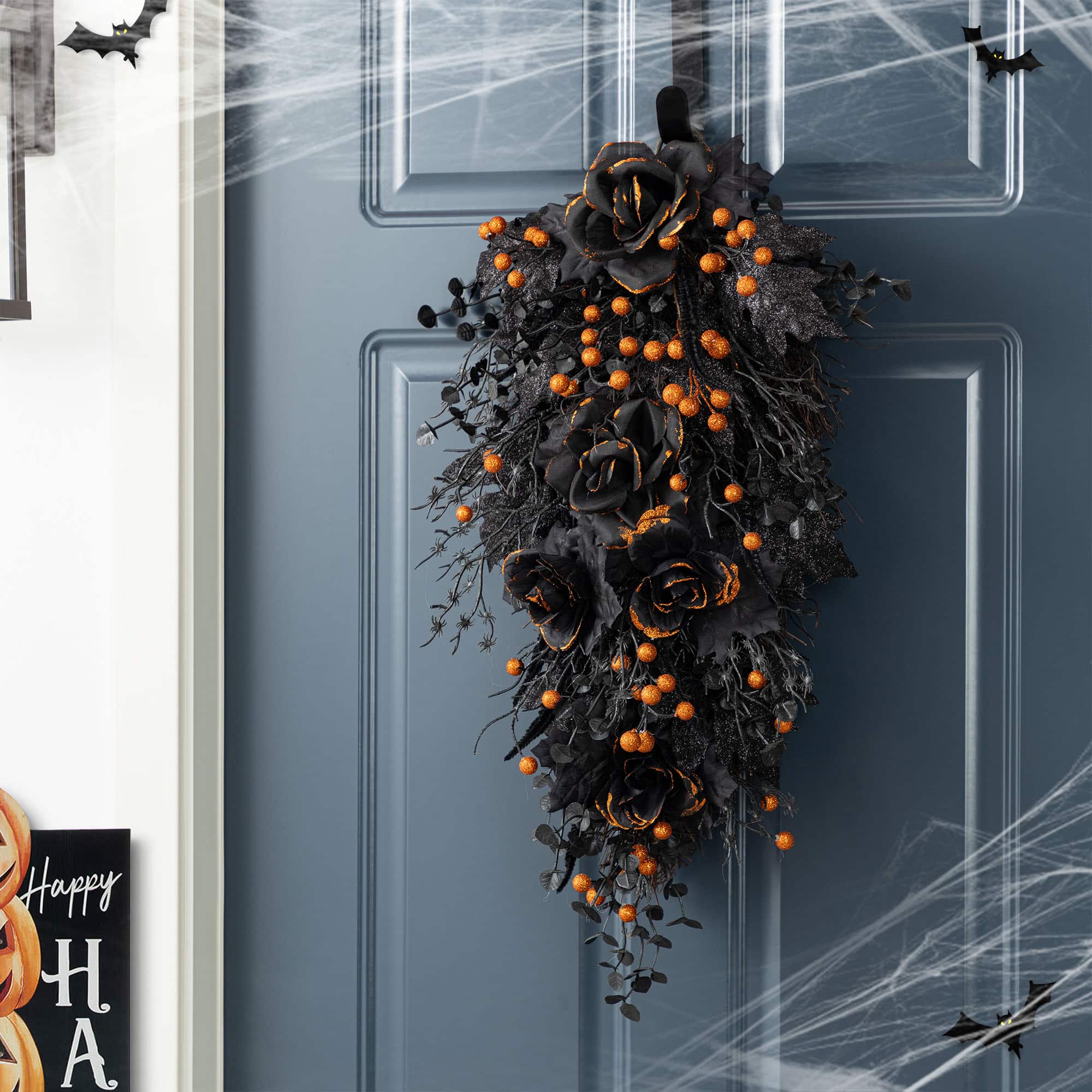 Glitzhome® 28"H Halloween Black Rose and Berry Swag with Hanger