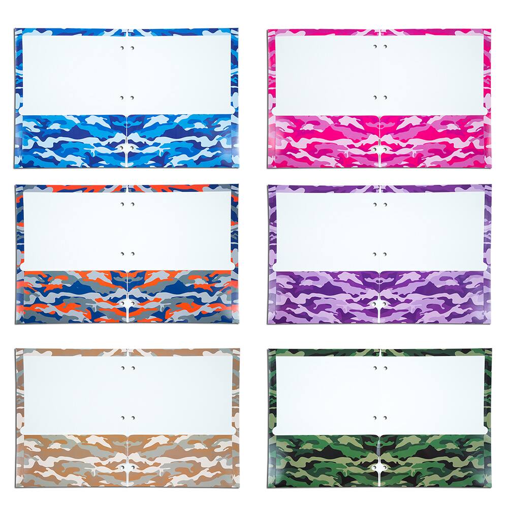 JAM Paper Camo Glossy Laminated Two Pocket 3 Hole Punch School Folders, 6ct.