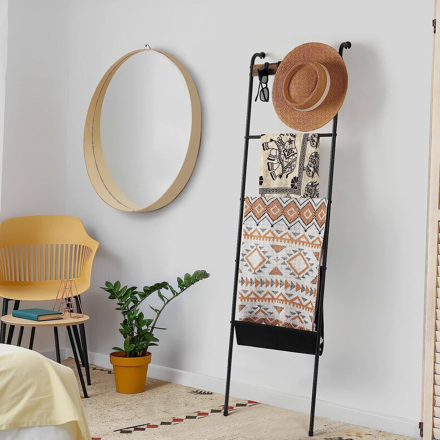 NEX™ 64.5" Farmhouse Decorative Ladder with 5 Hooks & Pocket
