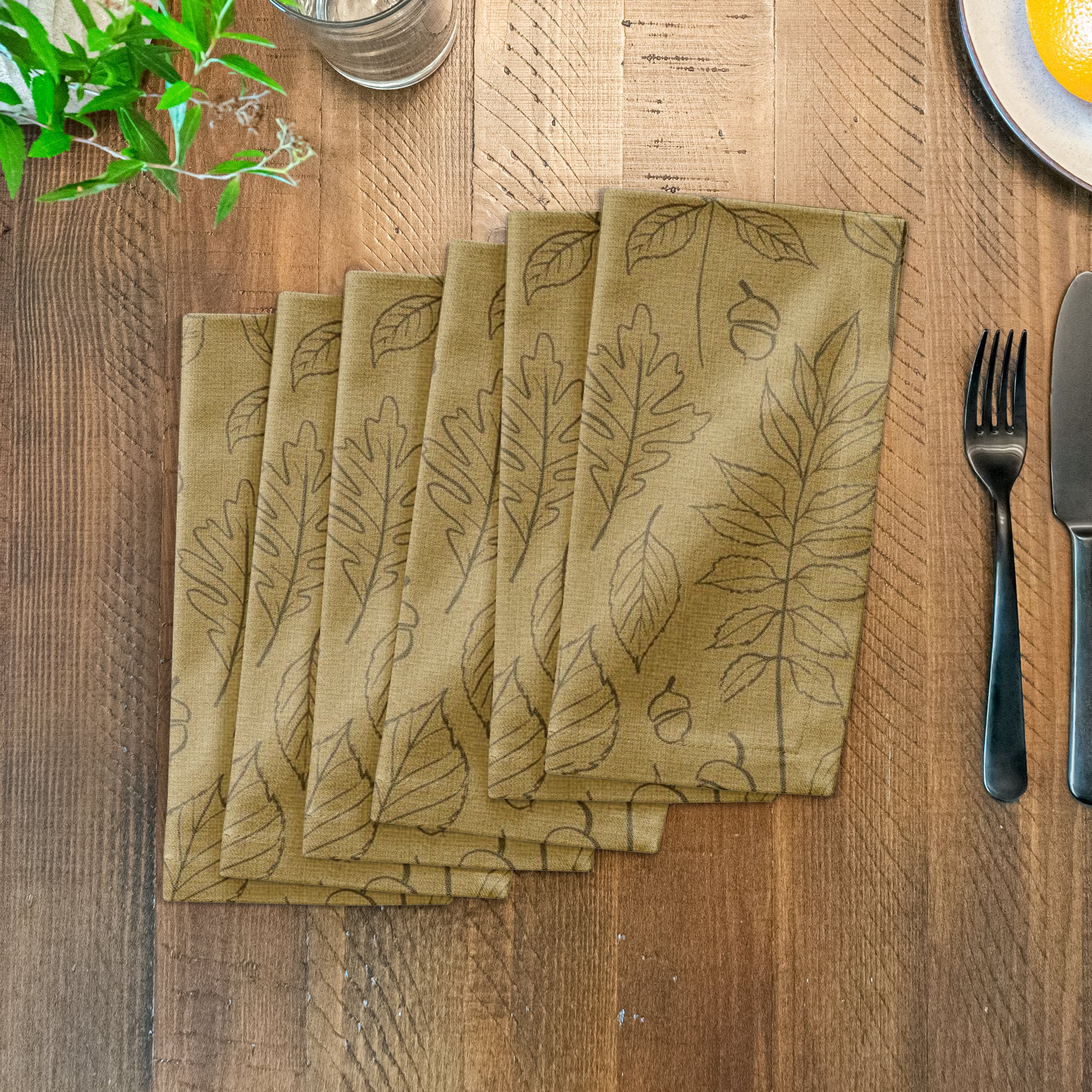 Mustard Yellow Leaf Pattern Cotton Twill Napkin