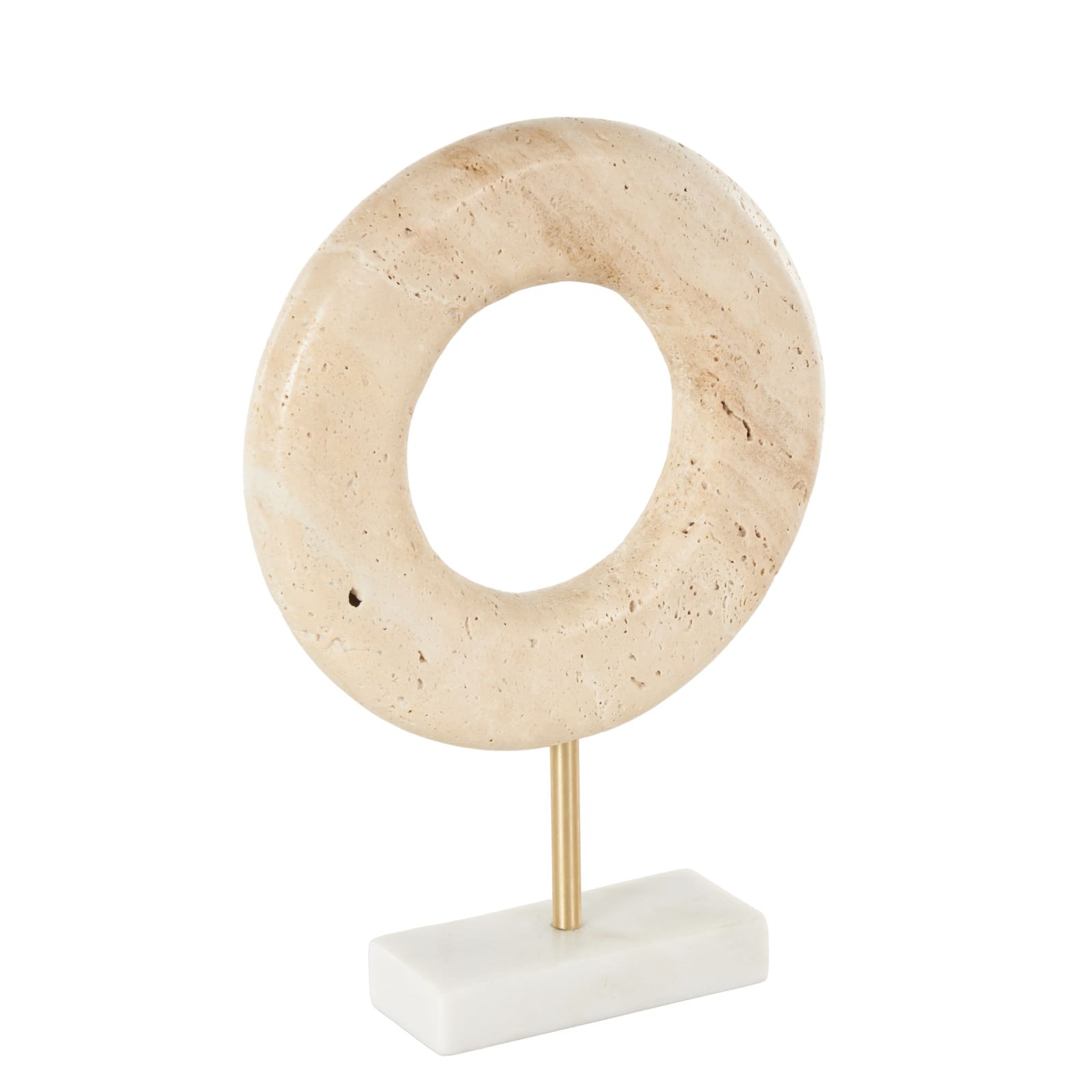 11.5" Cream Marble Geometric Textured Ring Decorative Sculpture with White Base & Gold Stand