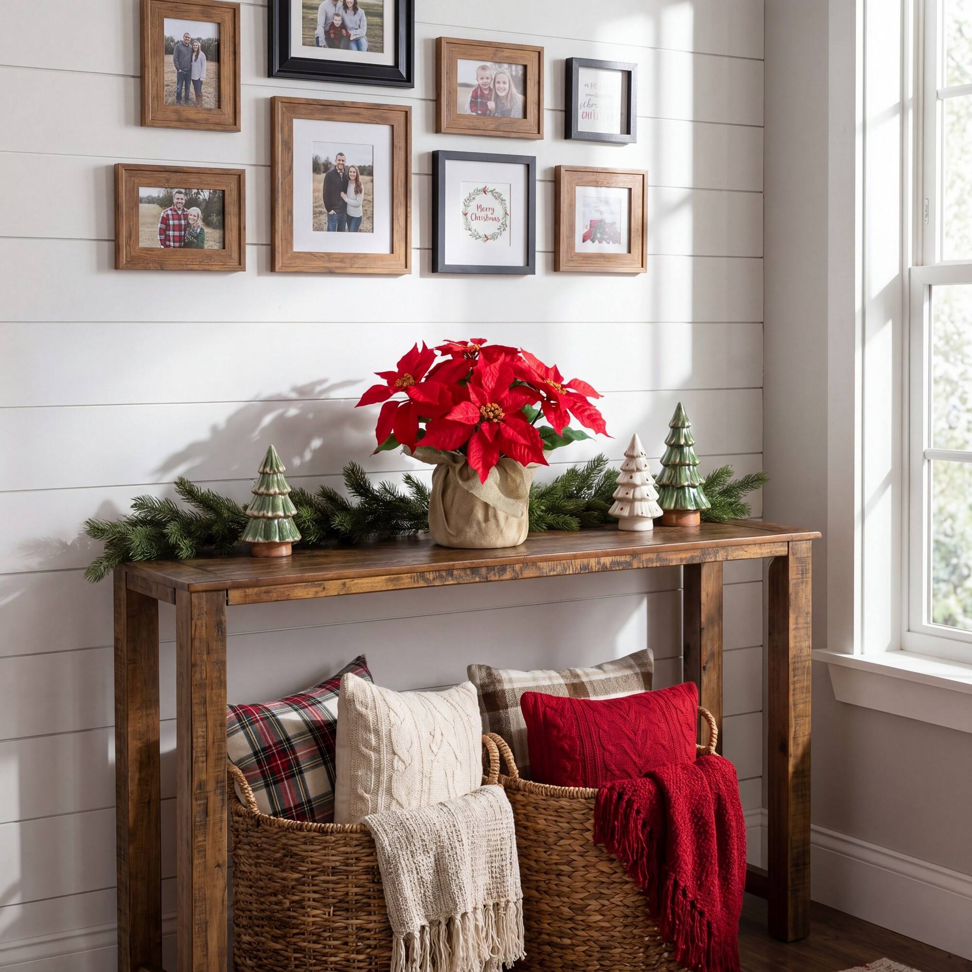 Nearly Natural 13" Artificial Poinsettia Arrangements in Burlap Planters