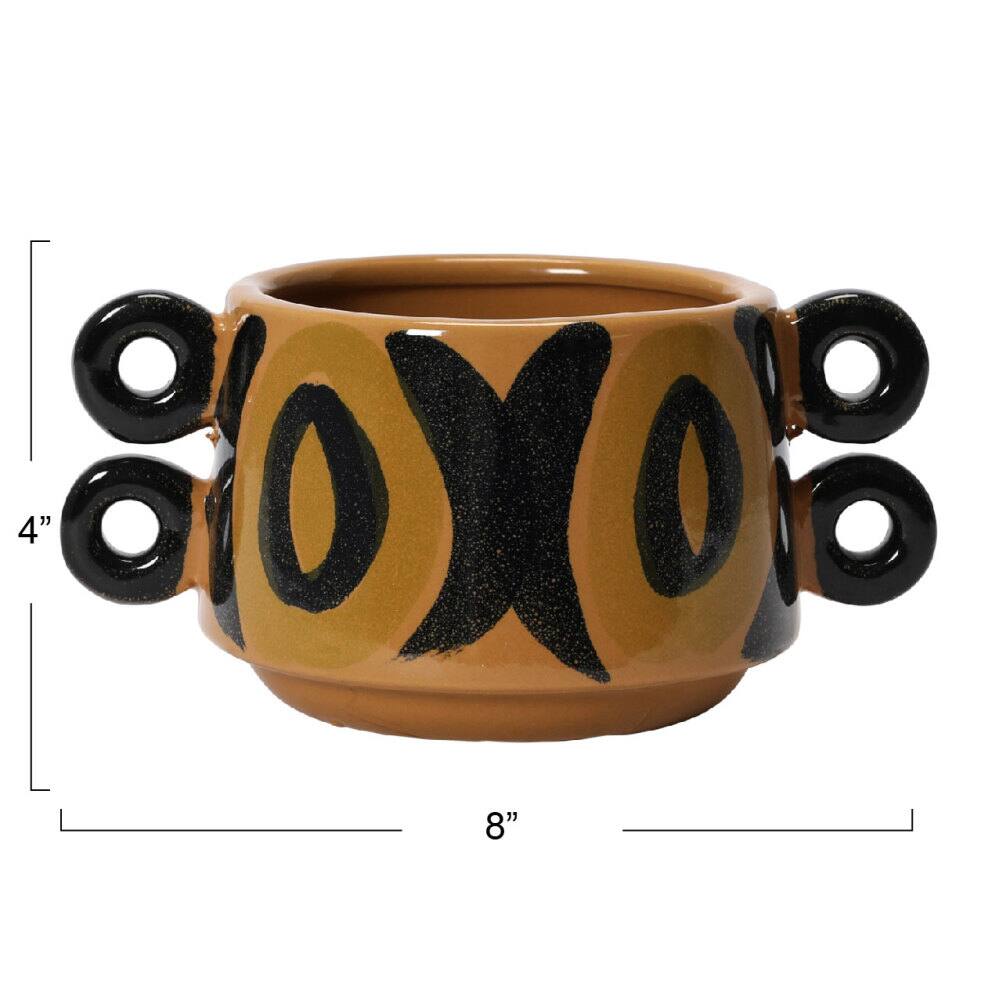 8" Brown and Black Hand Painted Stoneware Planter with Handles