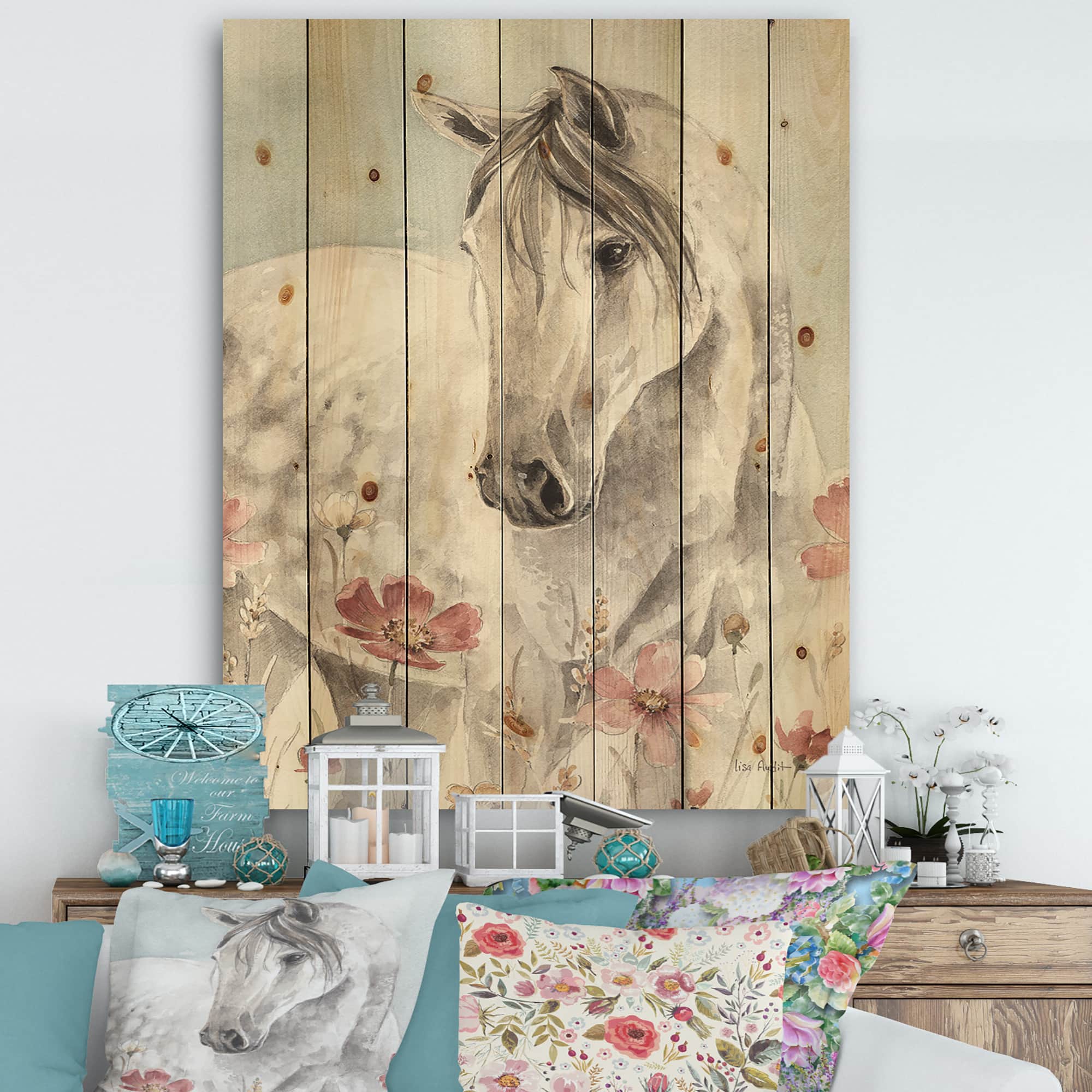 Designart - watercolors Pink Wild Horses II - Farmhouse Print on Natural Pine Wood