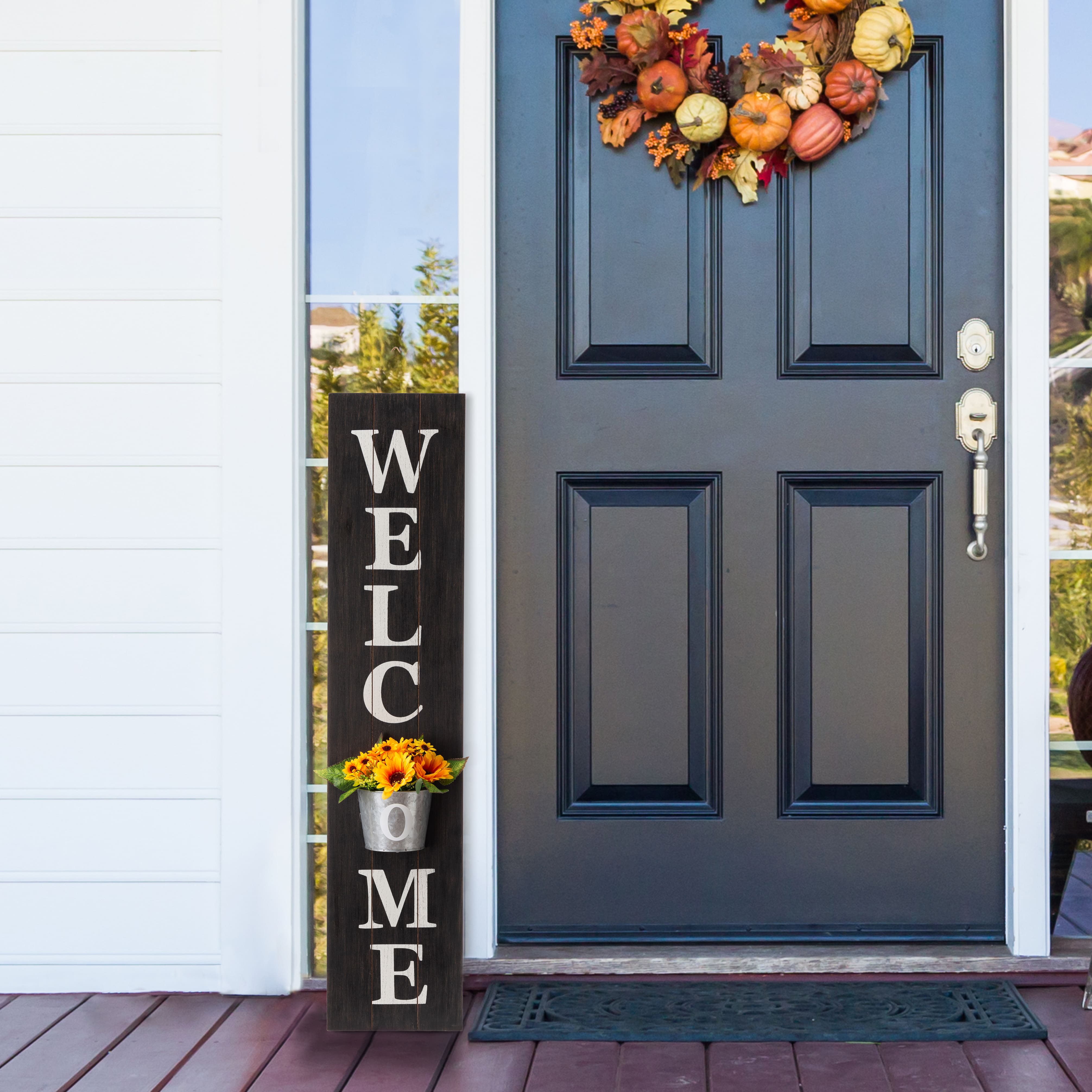 Glitzhome® 42" Wooden Black Welcome Porch Sign with Metal Planter