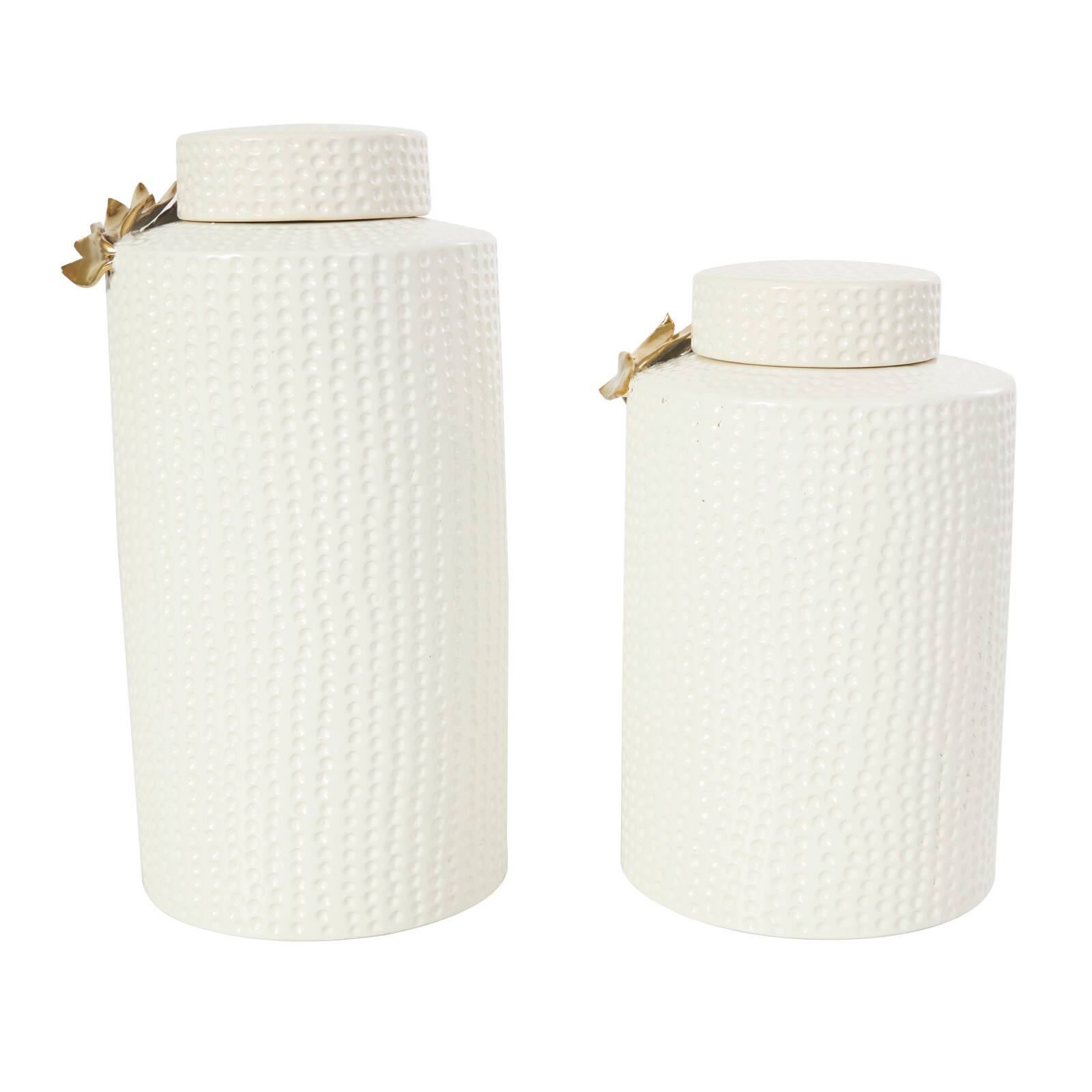 White Ceramic Decorative Jar Set with Abstract Spotted Pattern & Gold Leaf Accents