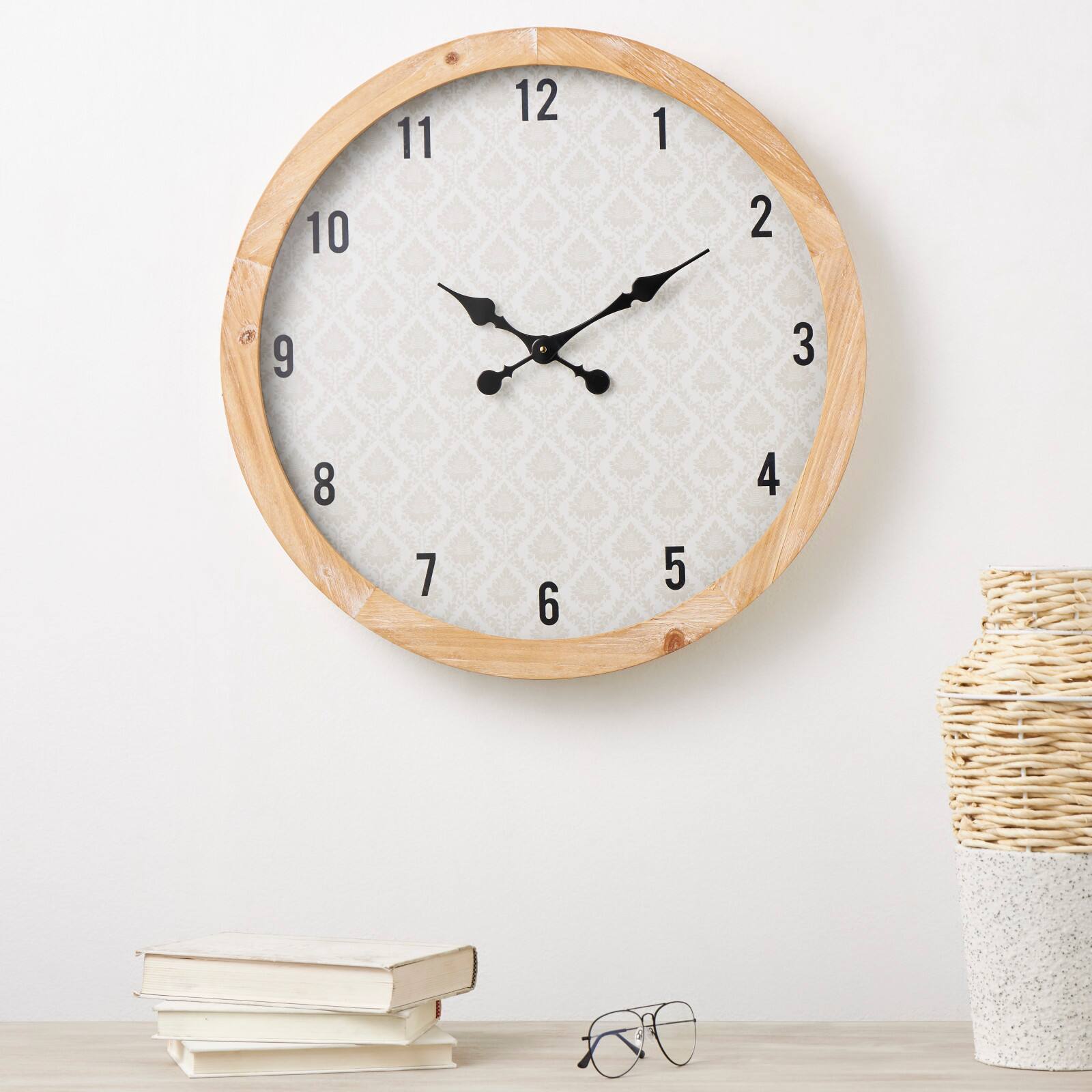 23.5" Floral Wall Clock with Light Brown Wood Frame