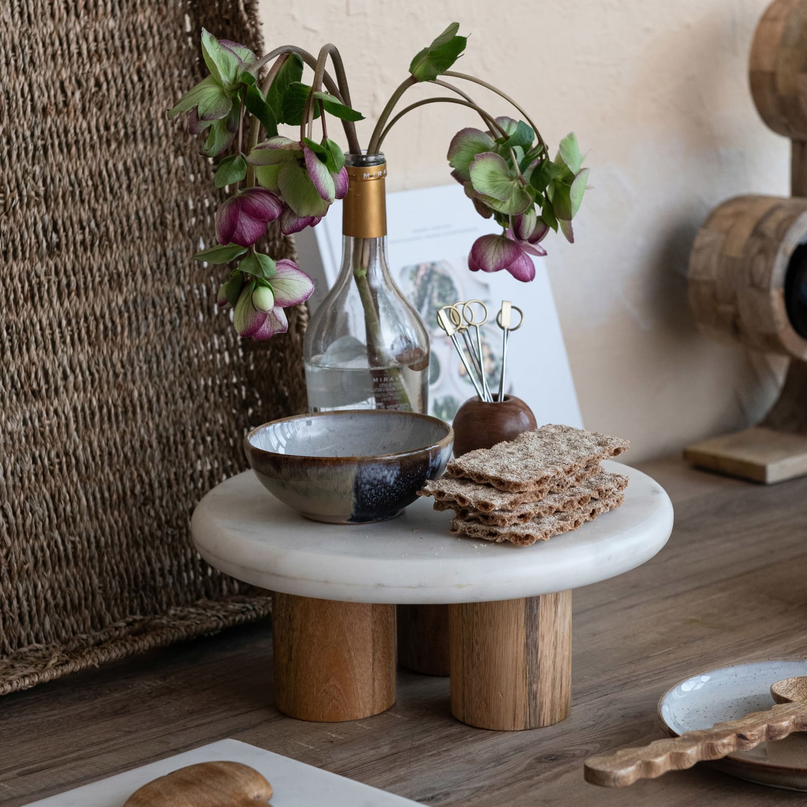 Hello Honey® 15" White Round Elevated Marble & Wood Food Pedestal