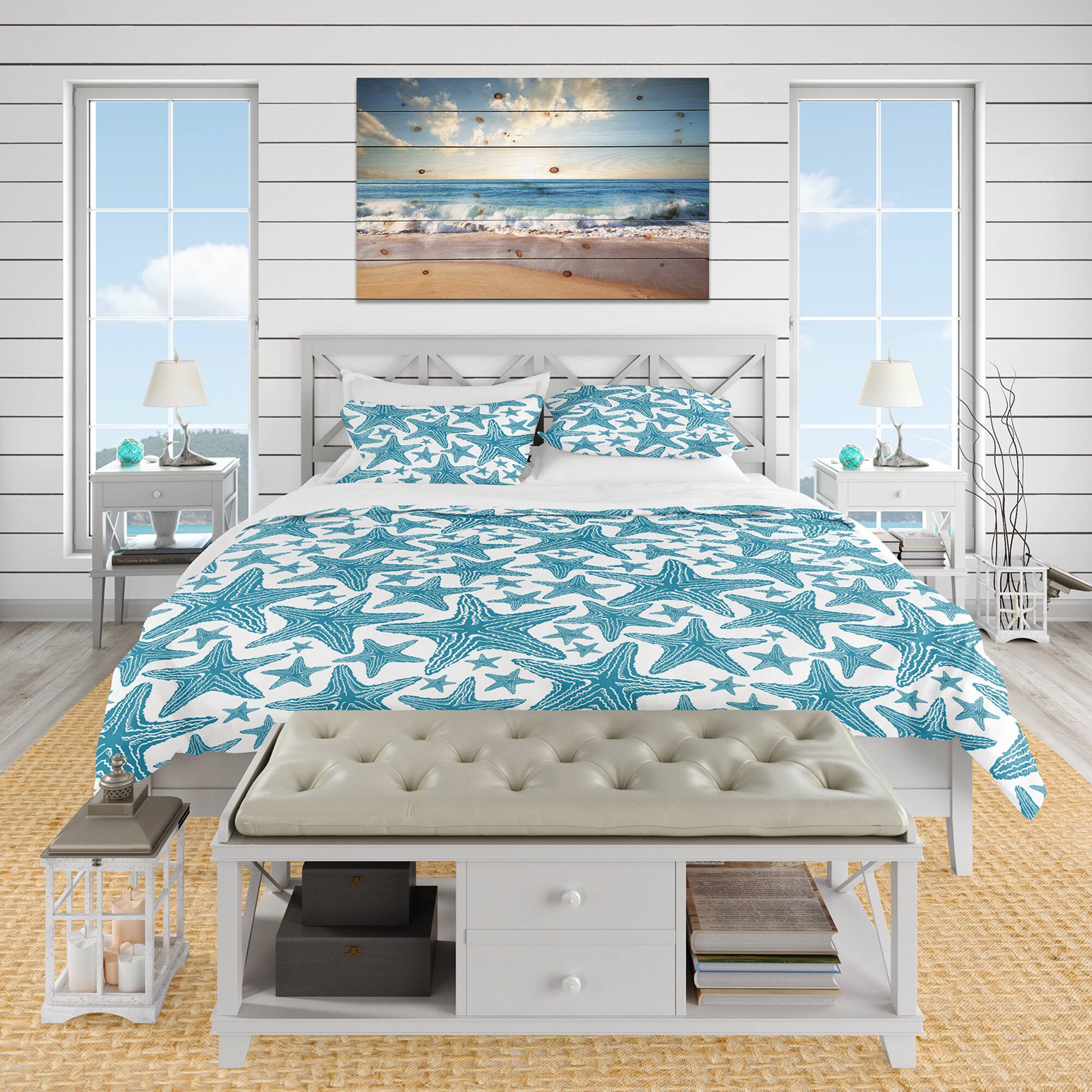 Designart 'Pattern of Blue Starfish' Coastal Bedding Set - Duvet Cover & Shams