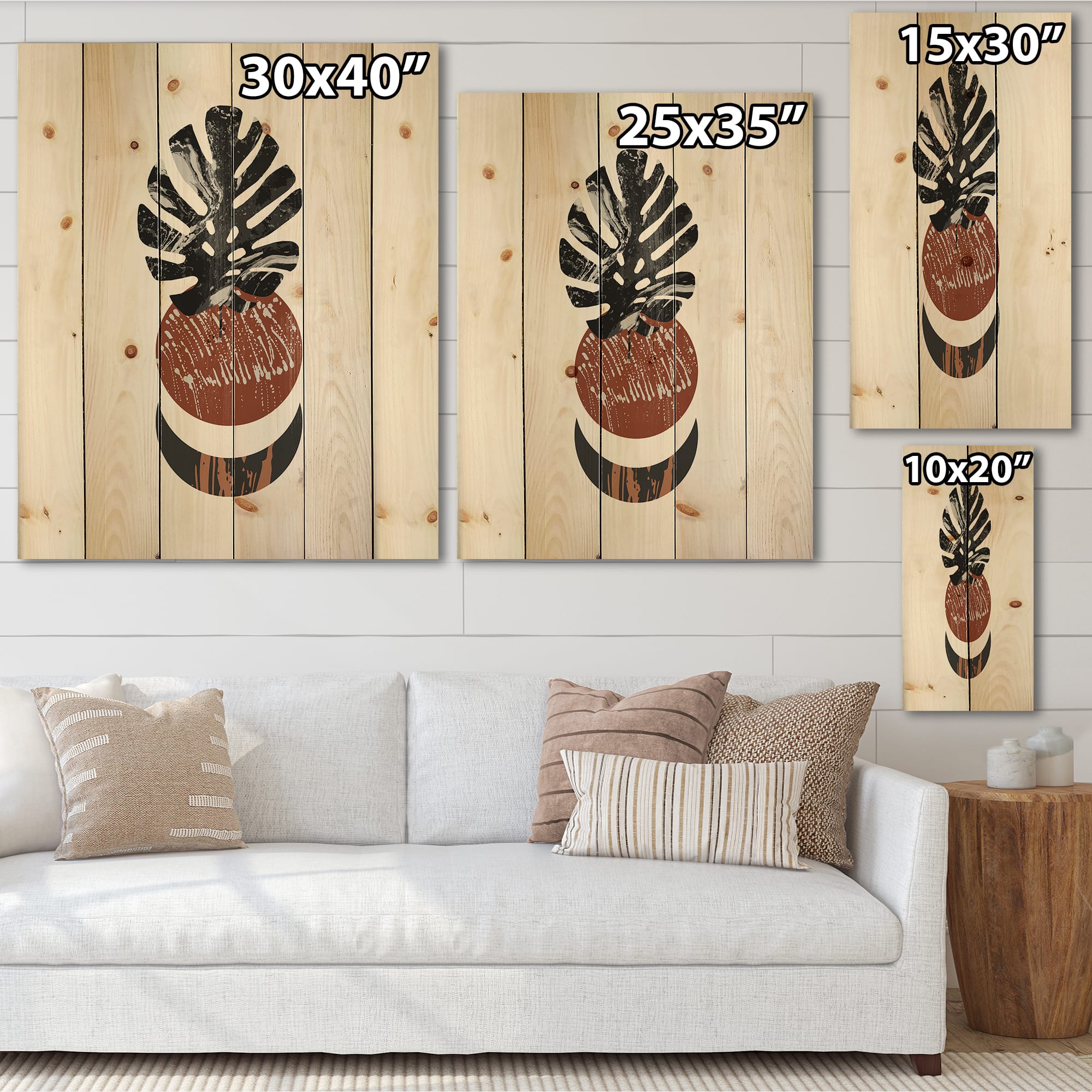 Designart - Abstact Minimal Sun, Moon & Tropical Palm Leaf II - Modern Print on Natural Pine Wood
