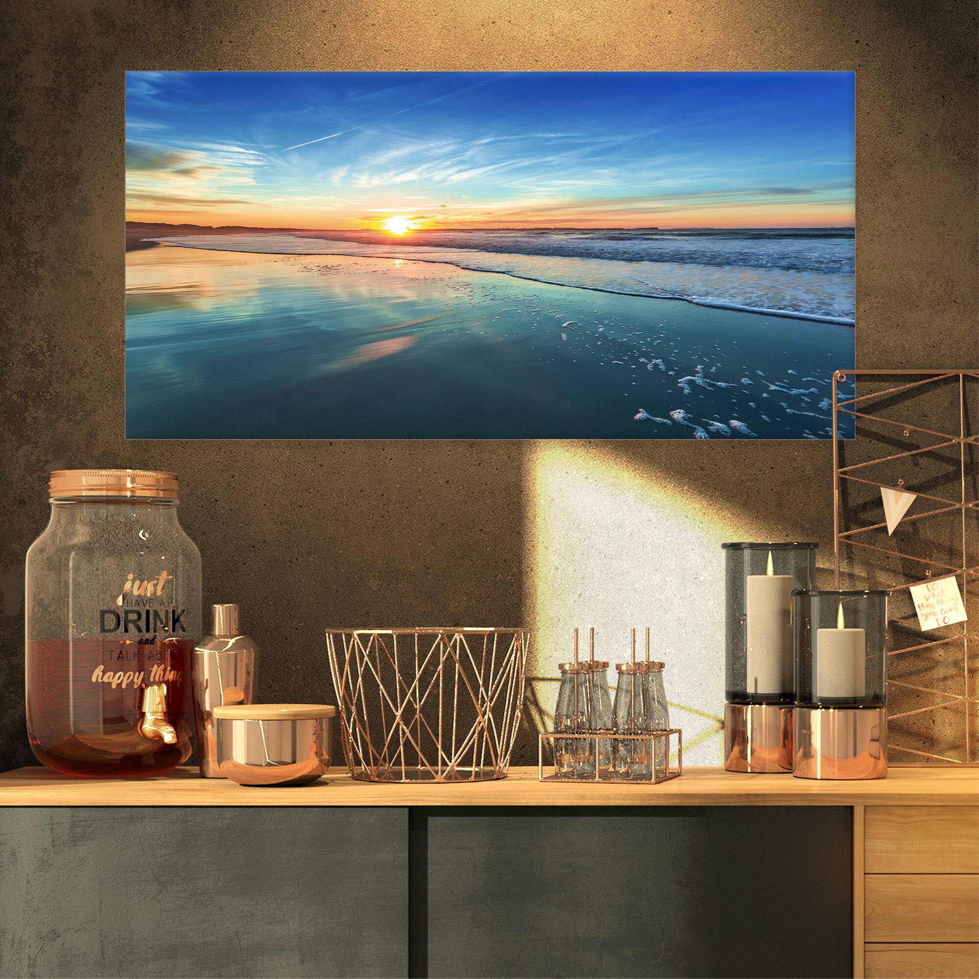 Designart - Blue Seashore with Distant Sunset