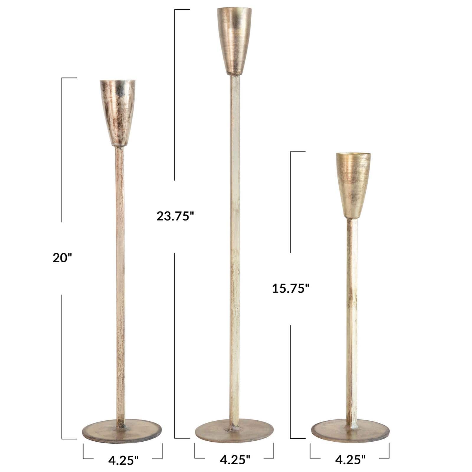 Metal Taper Candle Holders, Antique Gold Finish, Set of 3