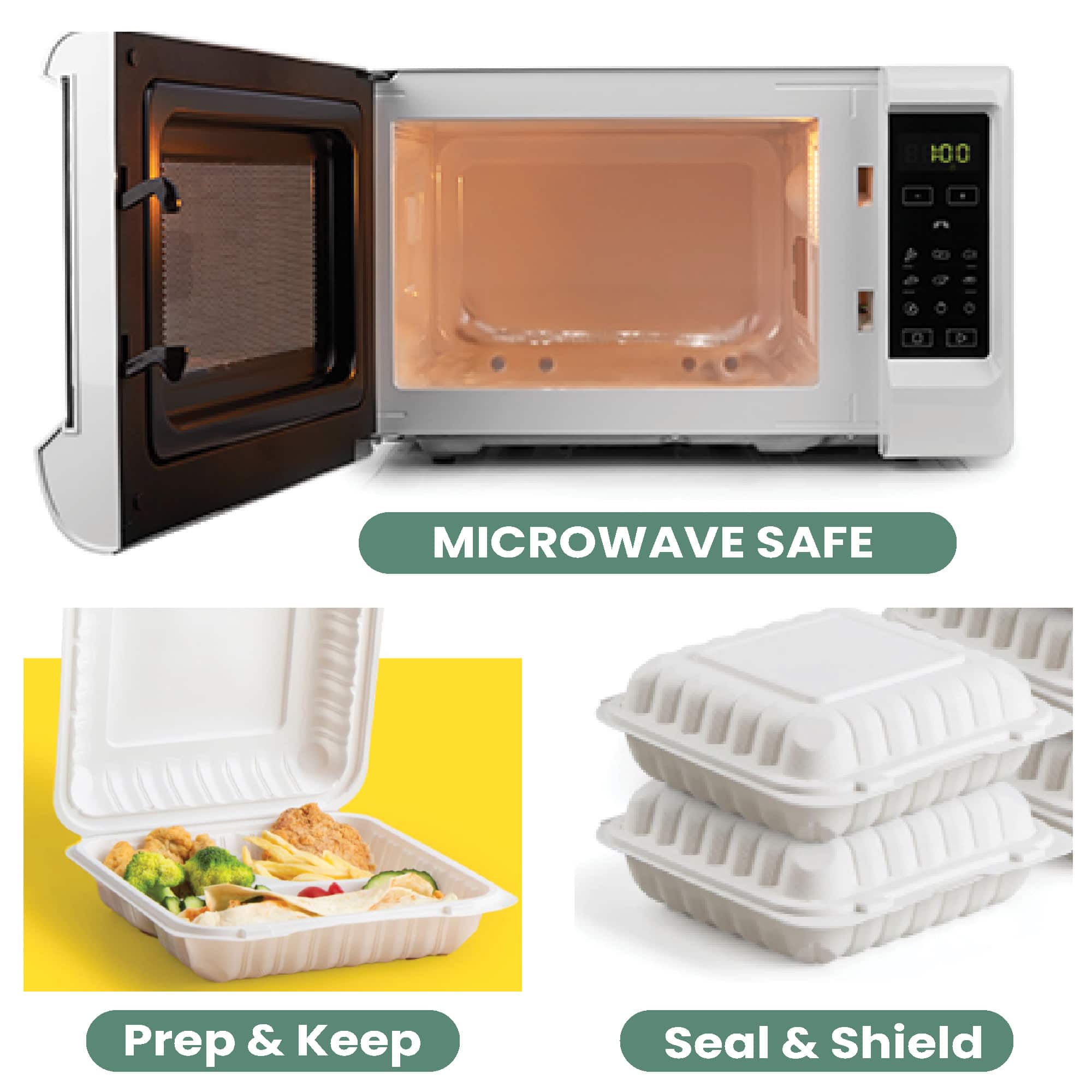 9" White 3-Compartment Clamshell Take Out Containers, 150ct.
