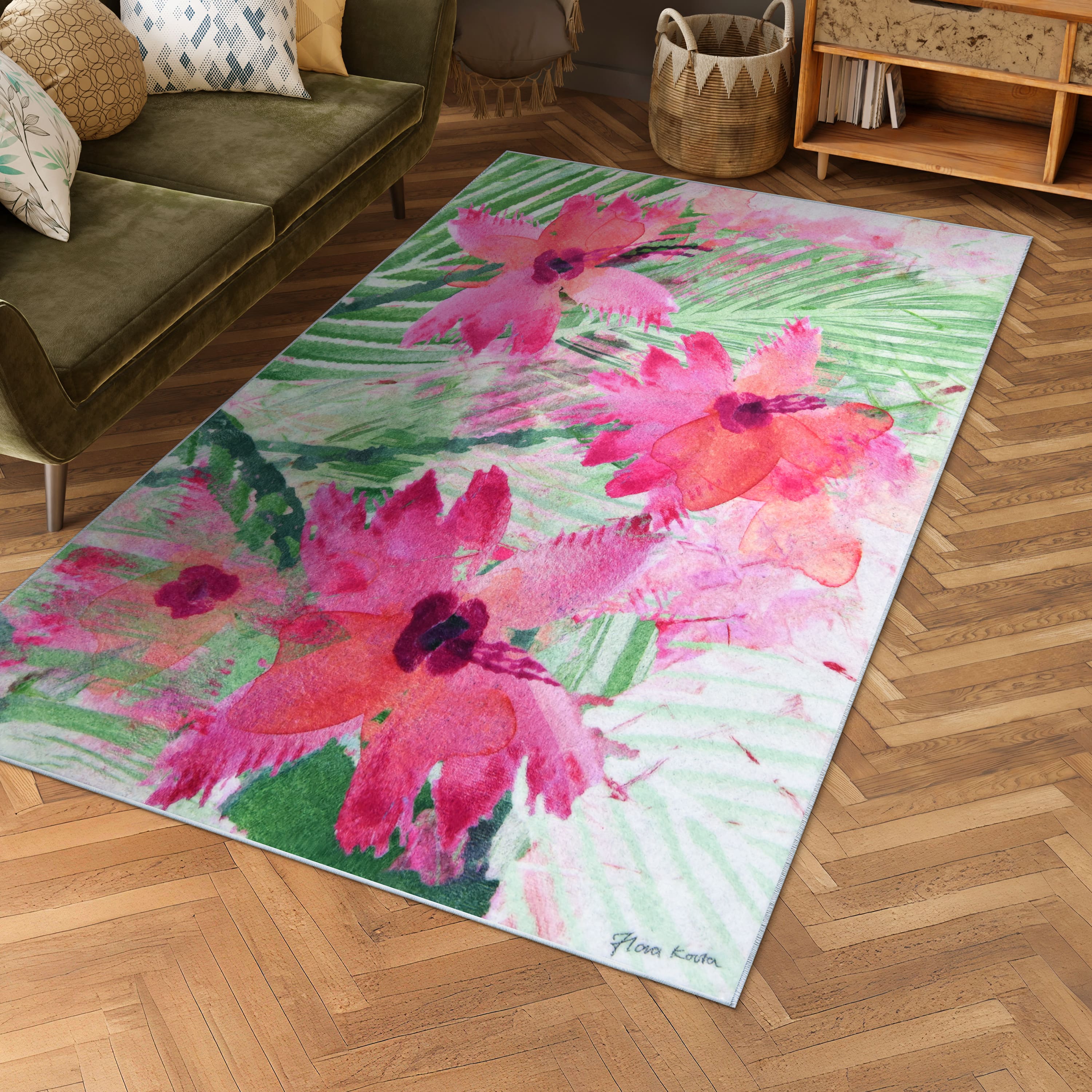 Empire Art Direct 5ft. x 7.5ft. Pink & Green Floral I Flowers Area Rug