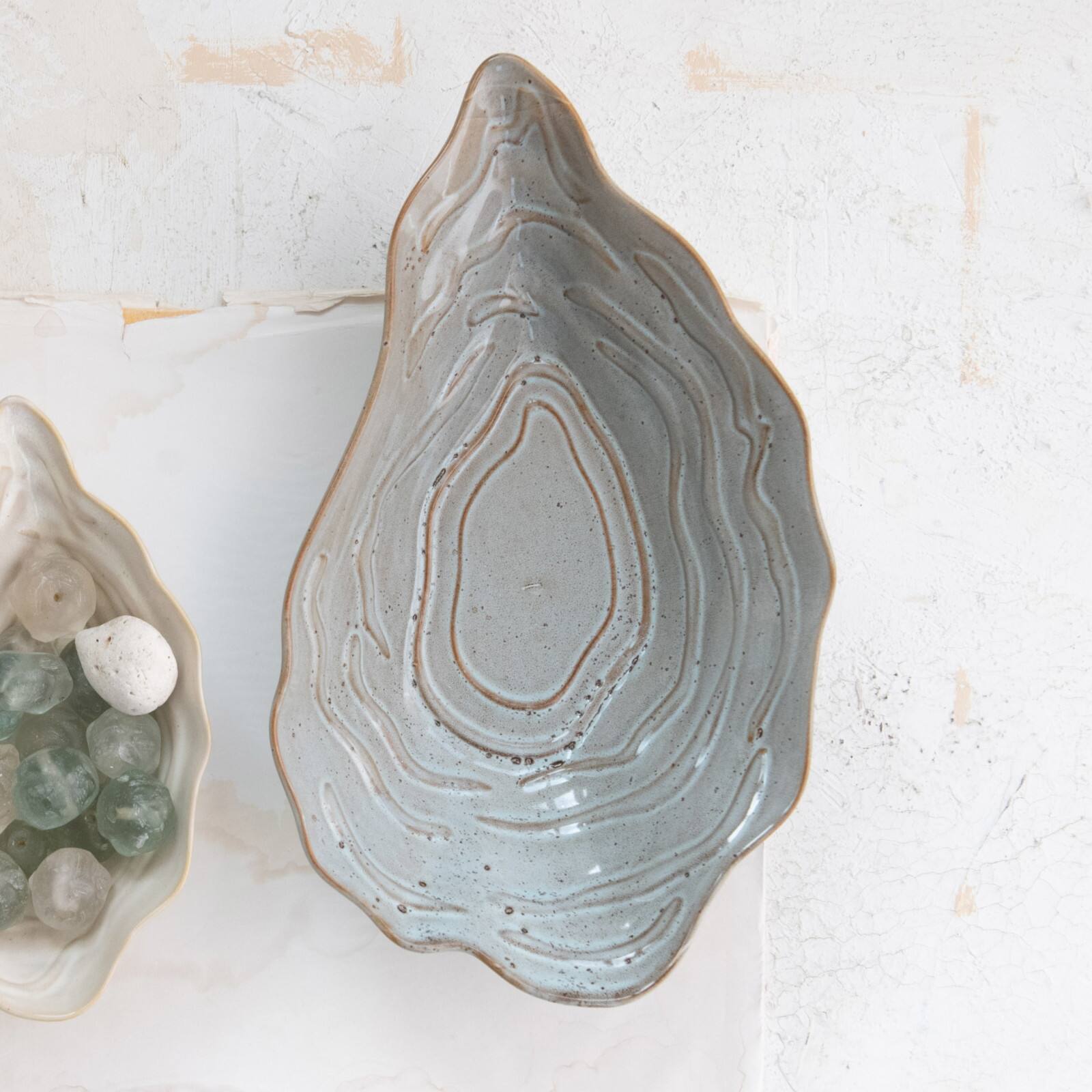 Hello Honey® 11.5" Tan & Blue Oyster Shaped Stoneware Bowl