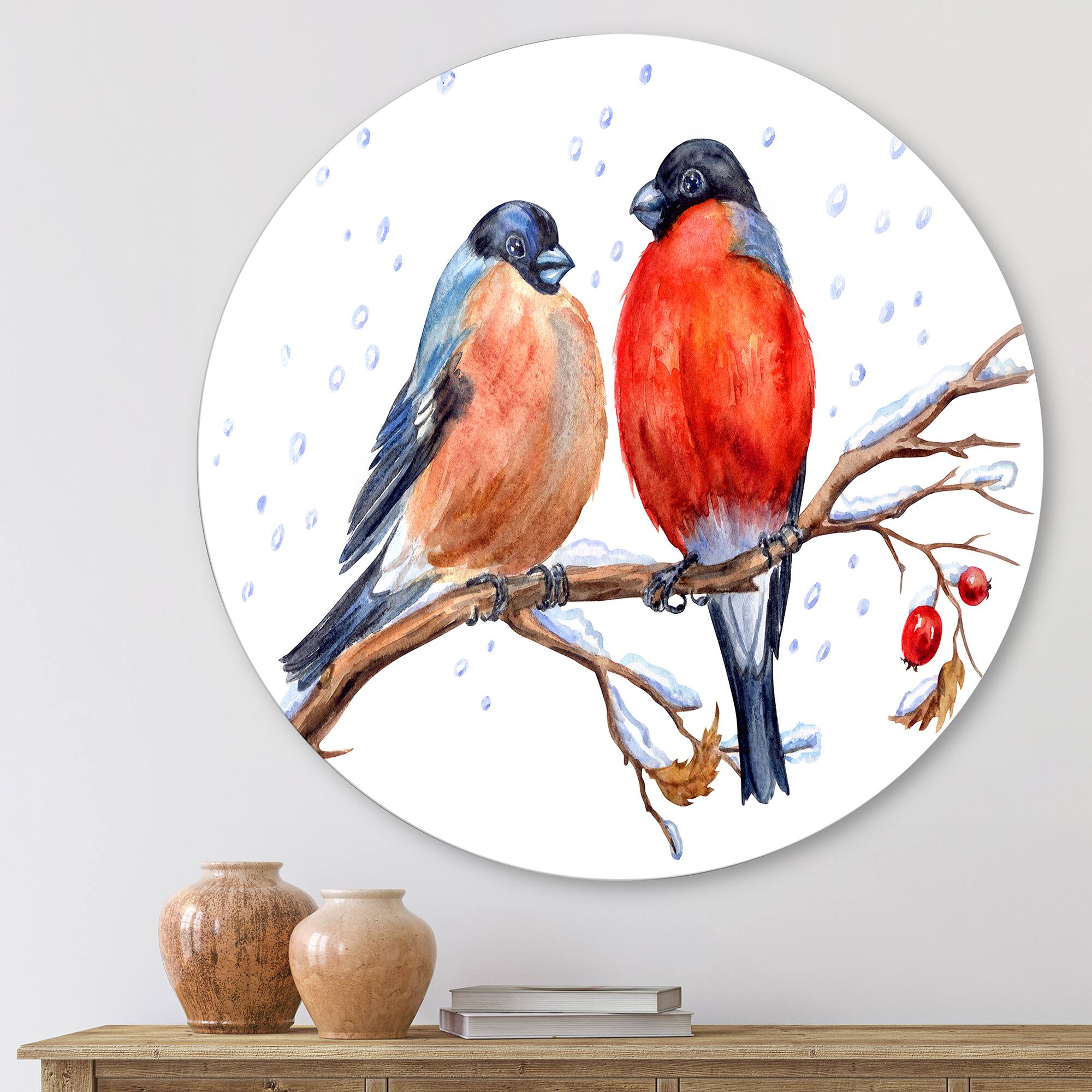 Designart - Two Bullfinches On A Hawthorn Branch with Snowfall - Traditional Metal Circle Wall Art