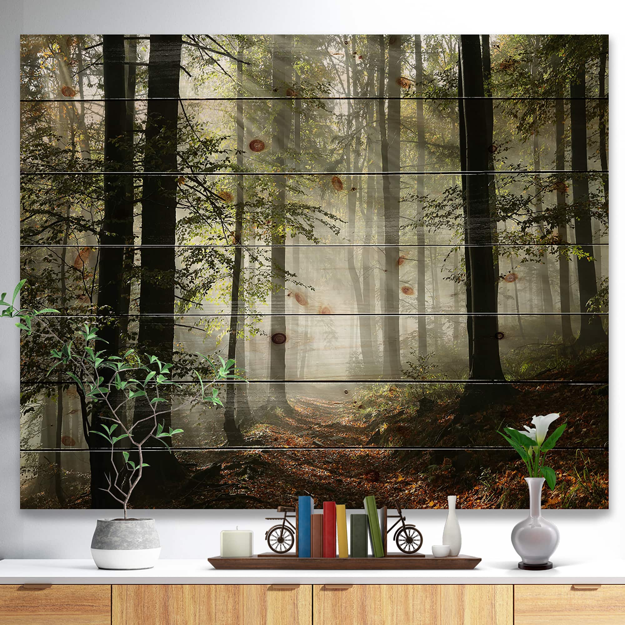 Designart - Light in Dense Fall Forest with Fog - Landscape Print on Natural Pine Wood