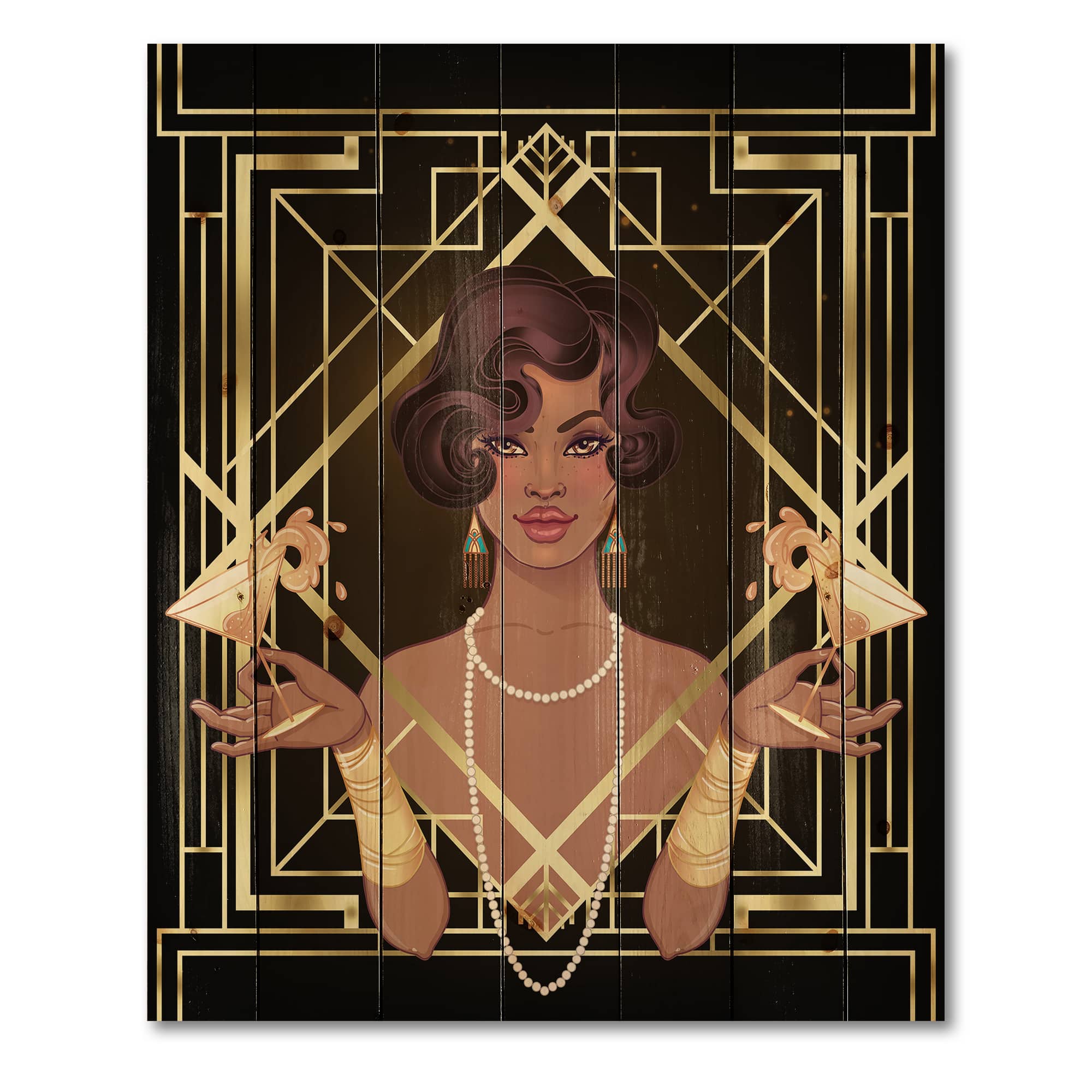 Designart - Retro Women In Golden Art Deco Geometrics I - Modern Print on Natural Pine Wood