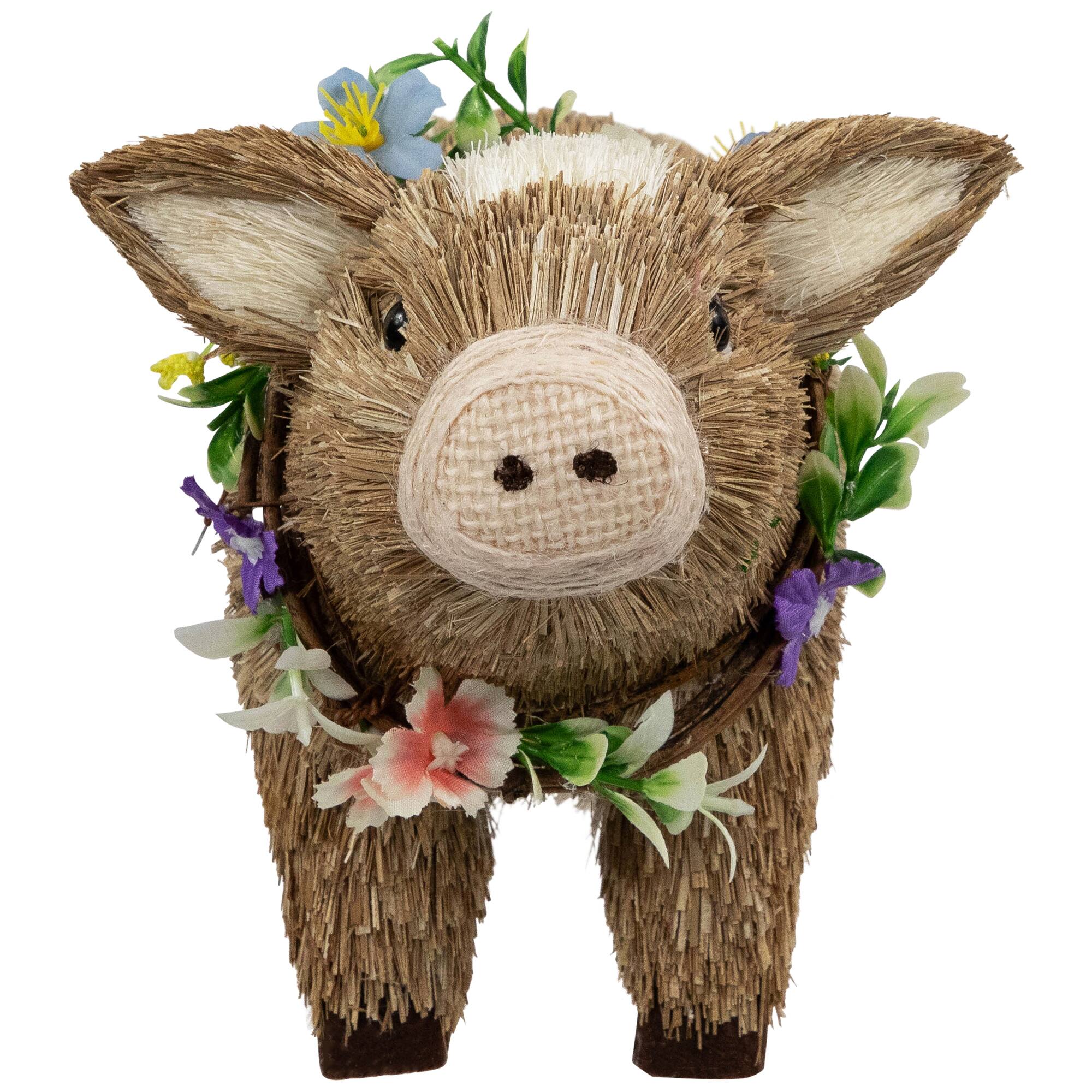 10.25" Brown & Beige Boy Piglet with Floral Wreath Spring Figurine