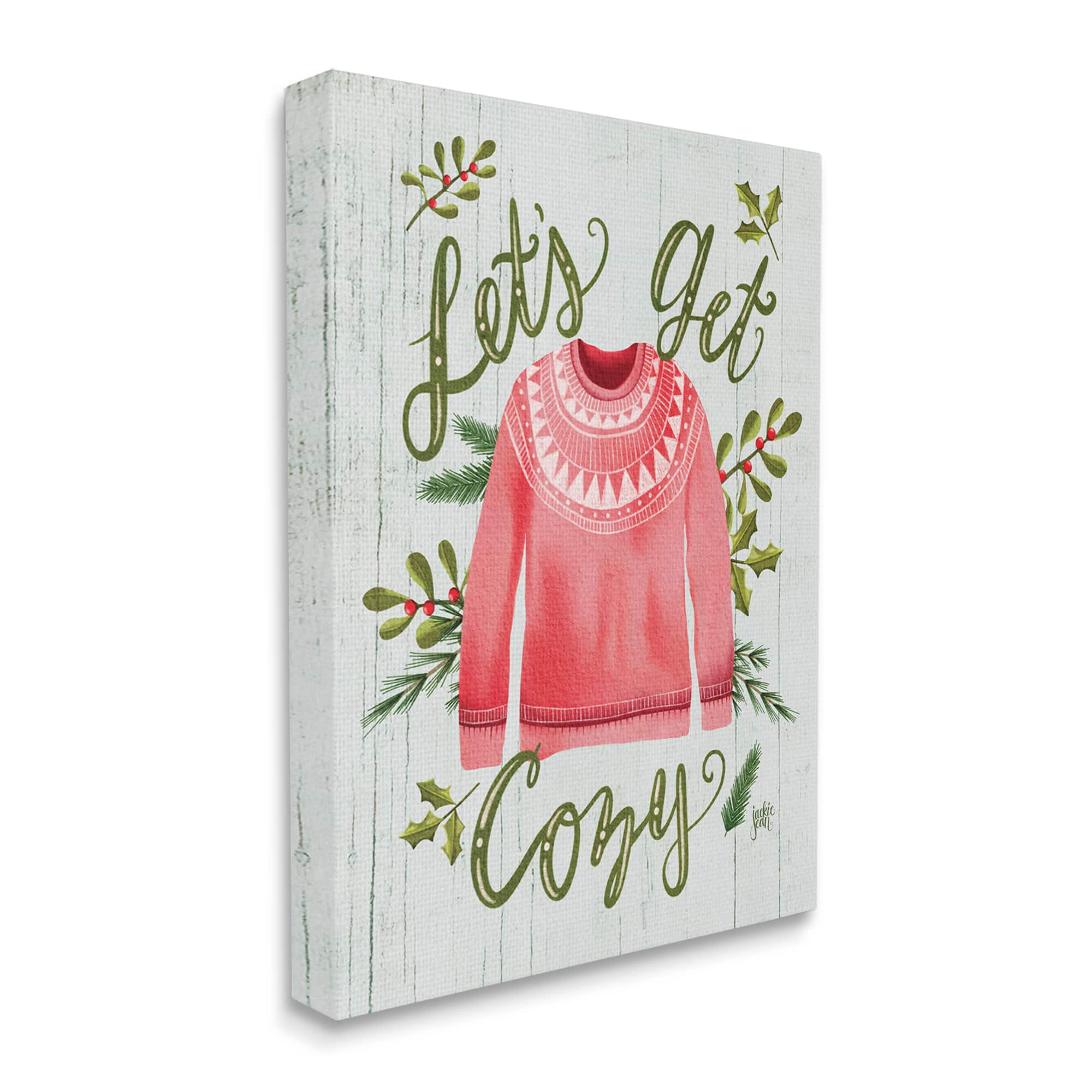 Stupell Industries Let's Get Cozy Holly Plants Pink Winter Sweater Canvas Wall Art