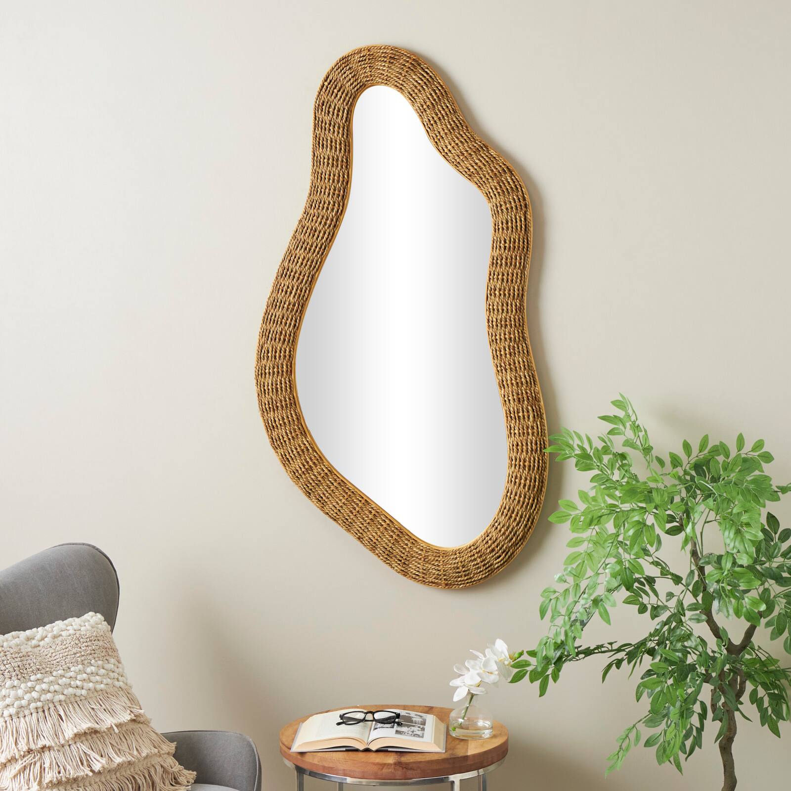 52" Brown Seagrass Handmade Woven Abstract Oval Wall Mirror