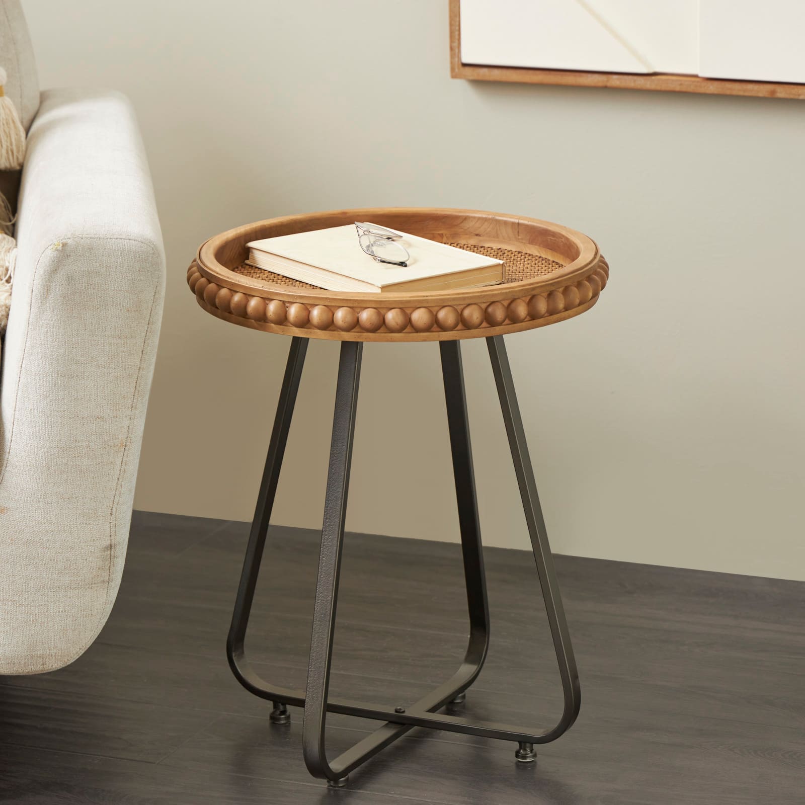 20.5" Brown Wood Beaded Accent Table with Rounded Gray Metal Base & Rattan Accent