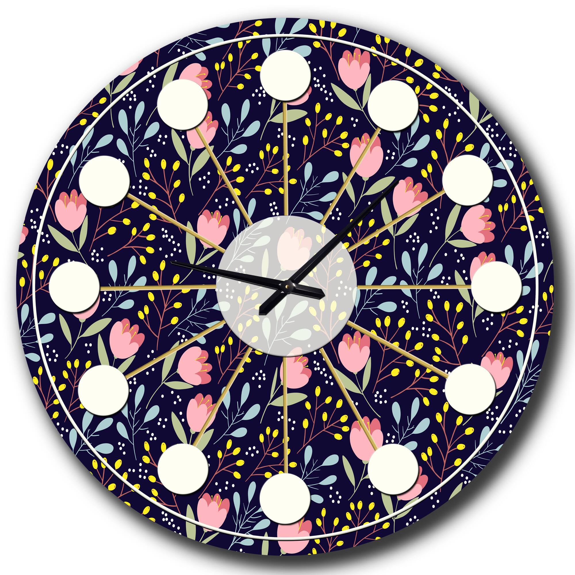 Designart 'Handdrawn Pink Flowers Mid-Century Modern Wall Clock
