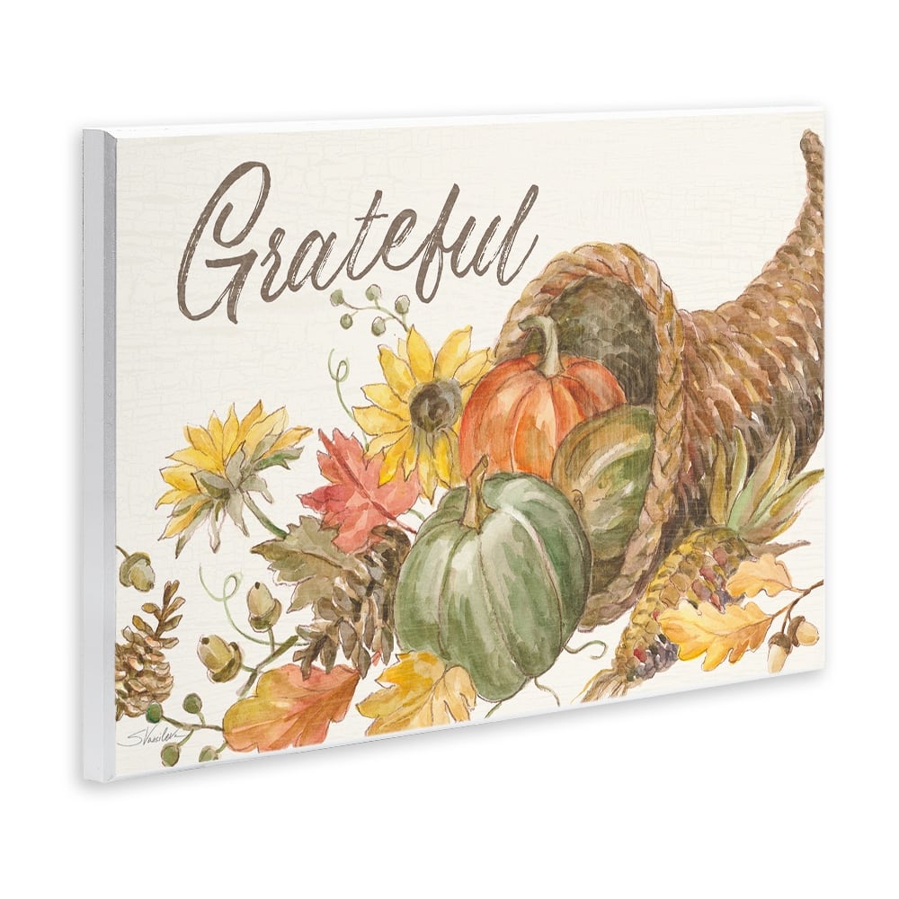 Stupell Industries 15" x 10" Grateful Sentiment Autumn Harvest Cornucopia Pumpkins Wall Plaque Art