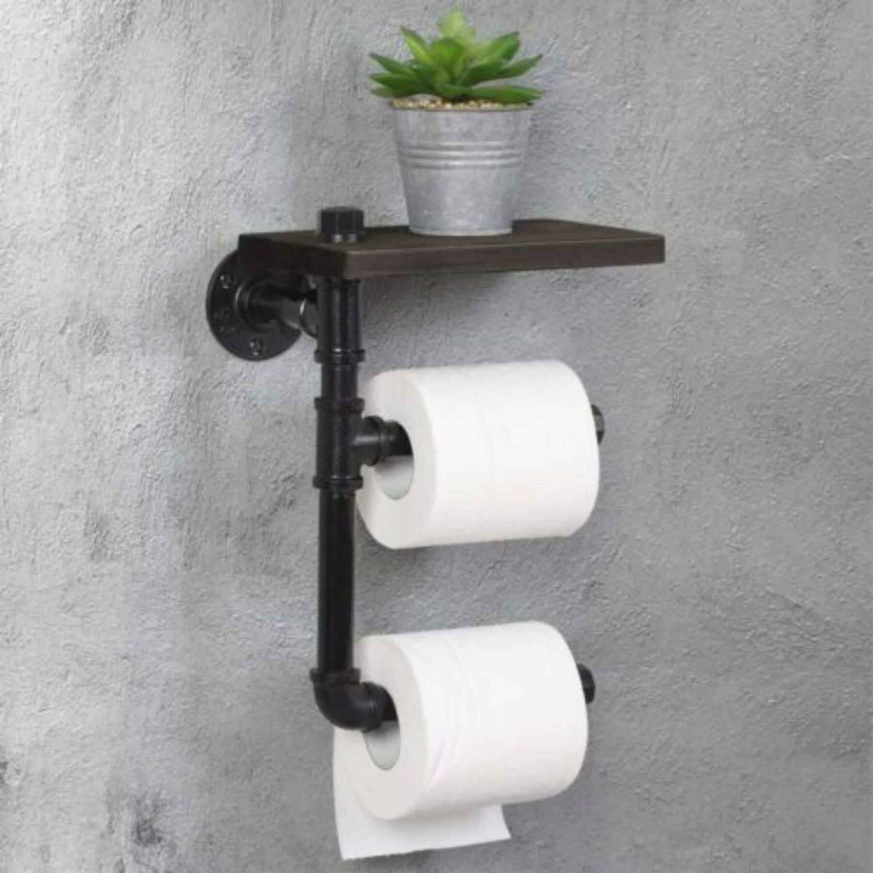Black Wall-Mounted Double Toilet Paper Holder with Wooden Shelf