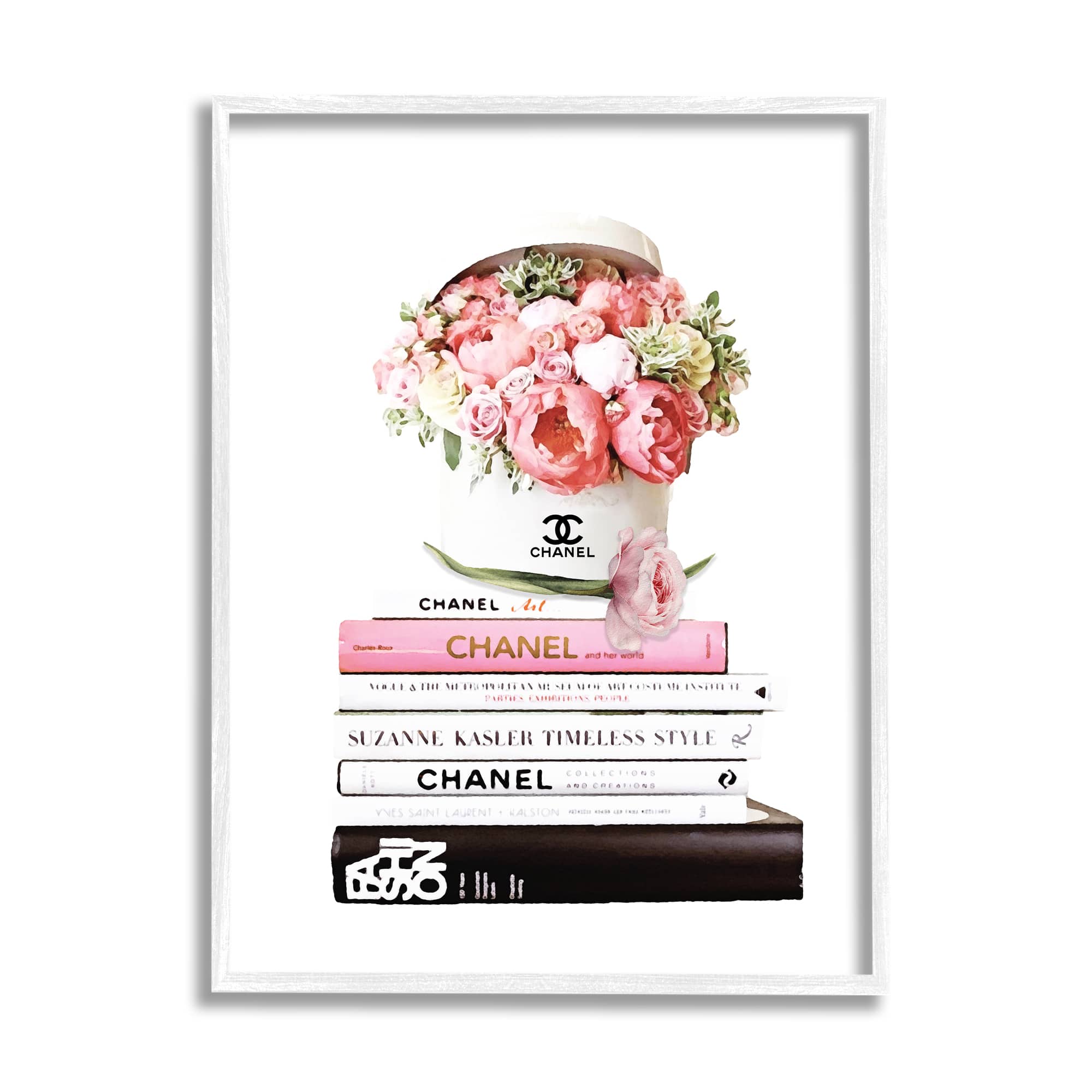 Stupell Industries Pink Florals in Hat Box Glam Fashion Books in White Frame Wall Art