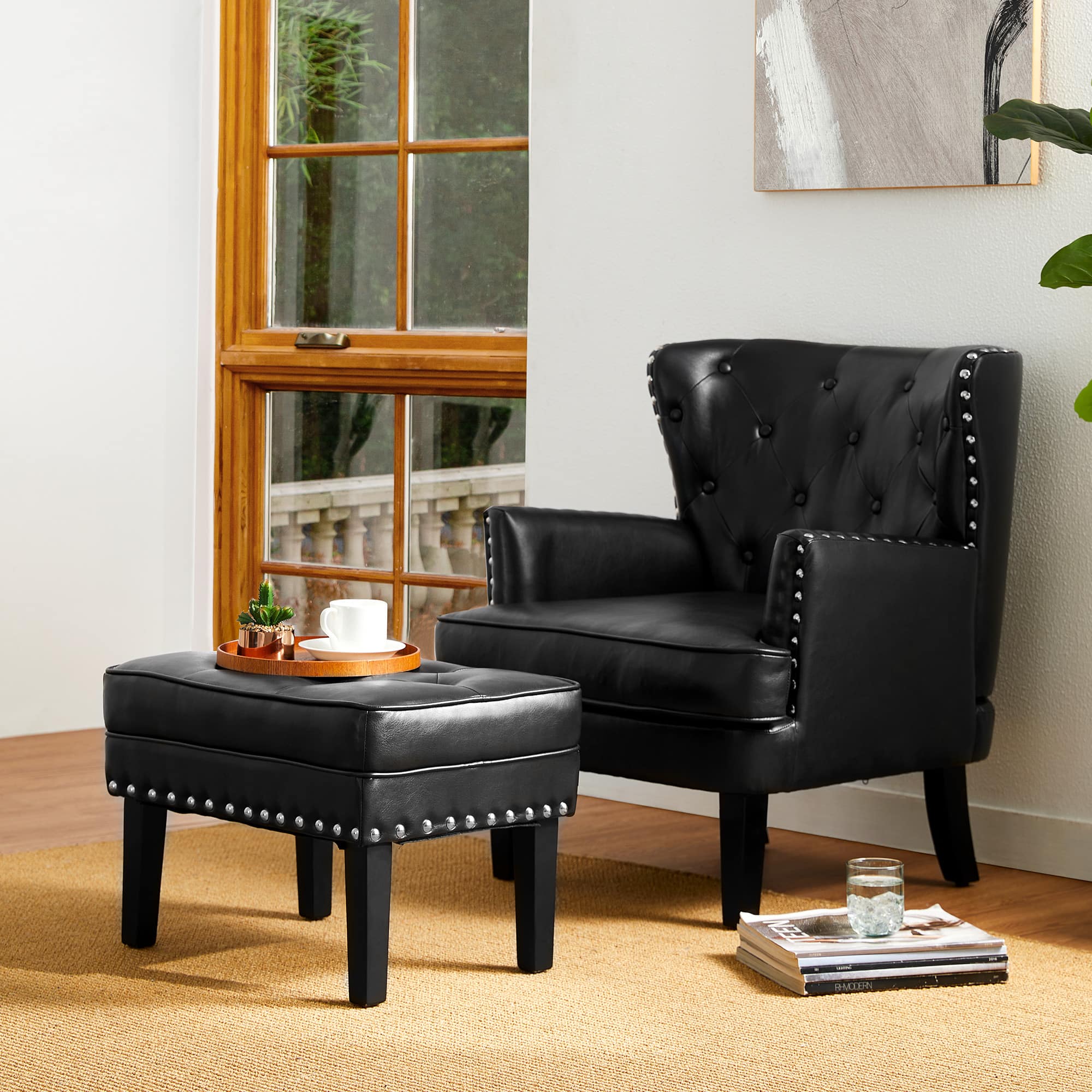 Glitzhome® Mid-Century Modern Leatherette Button-Tufted Accent Stool