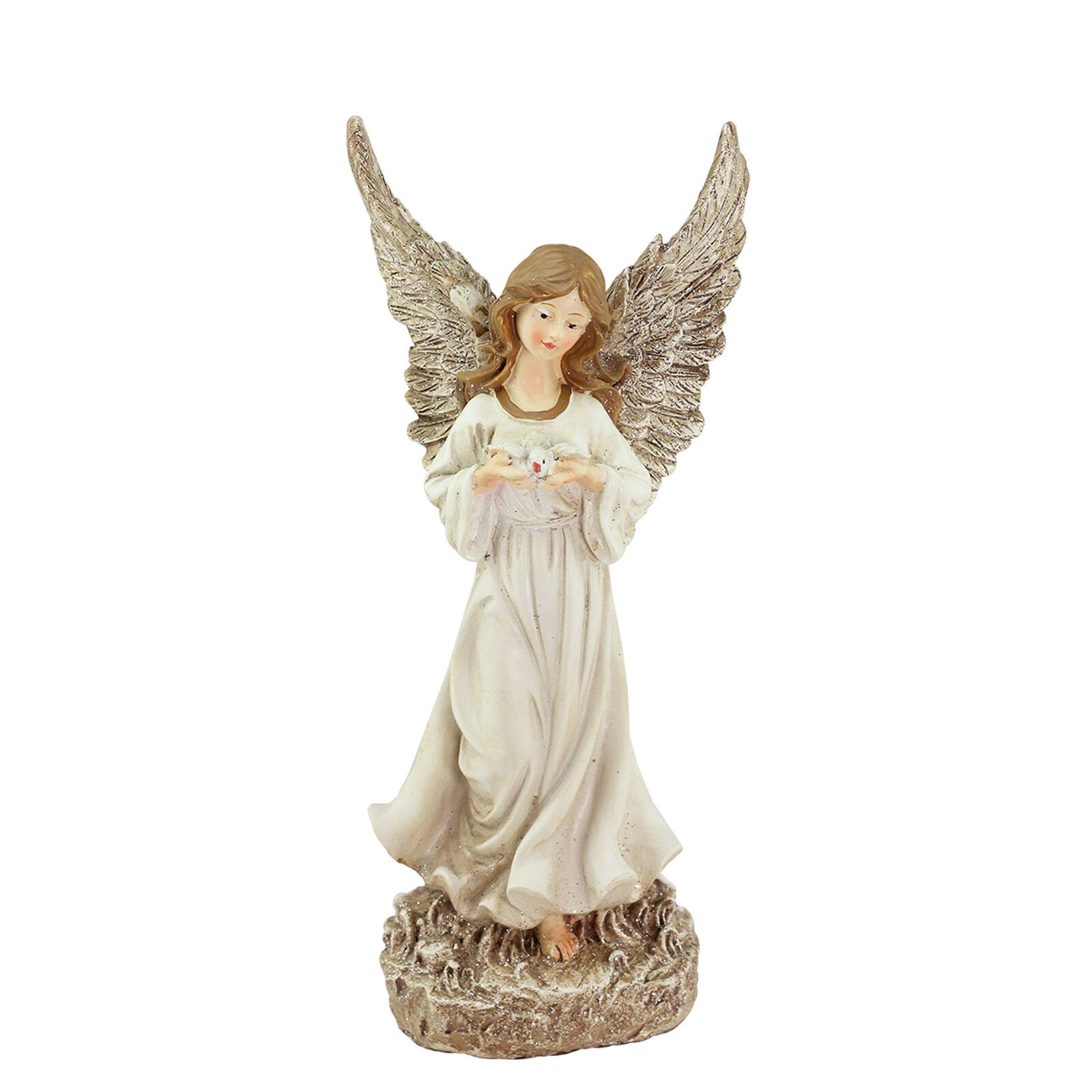12.5" Heavenly Gardens Glittered Ivory & Champagne Gold Serene Angel with Dove Outdoor Statue