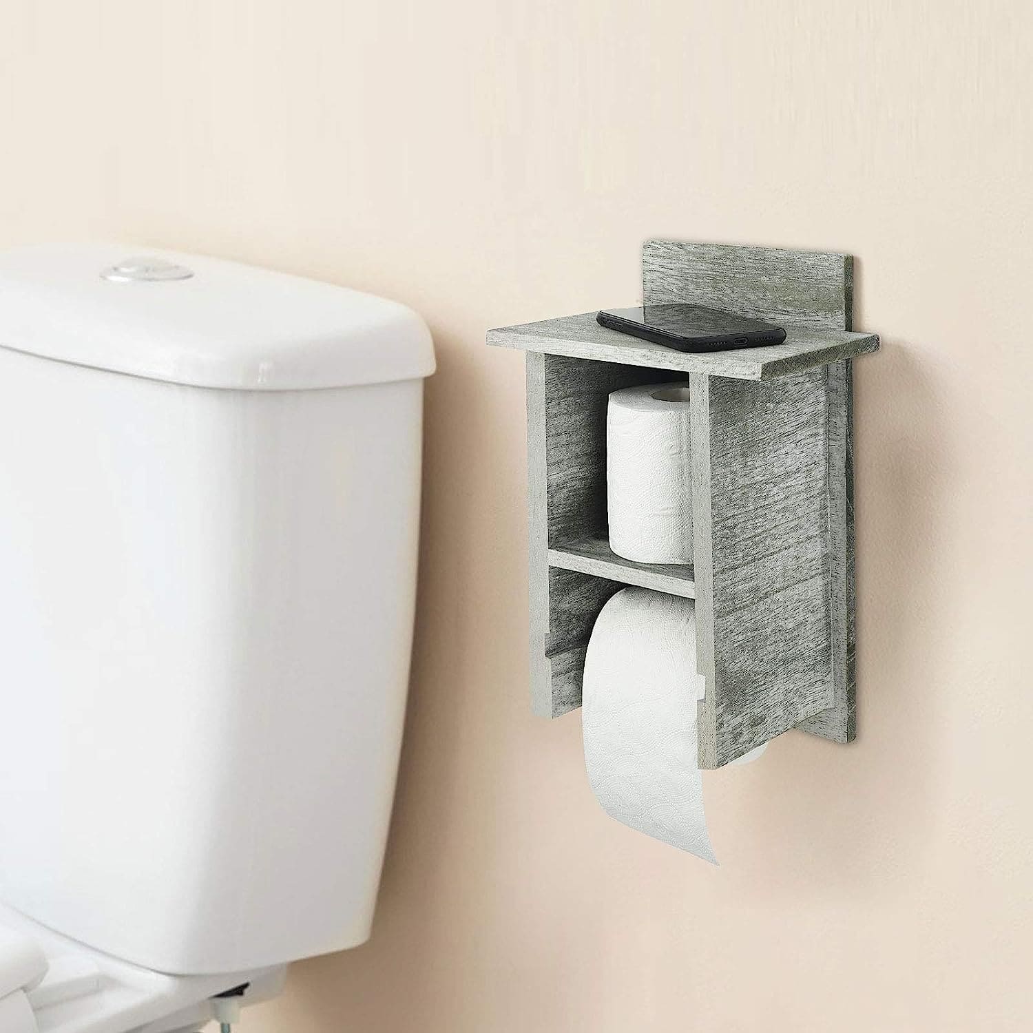 Olive Green Wood Toilet Paper Holder with Storage Shelf