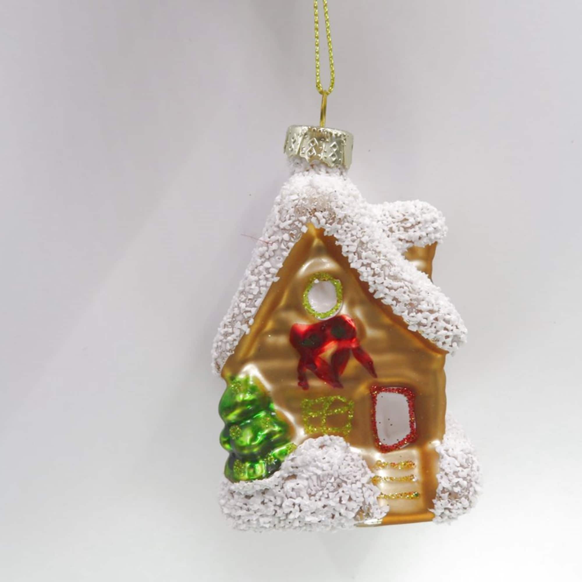 Snowy Country Cabin Glass Christmas Hanging Ornament - 3.25" - Gold Finish